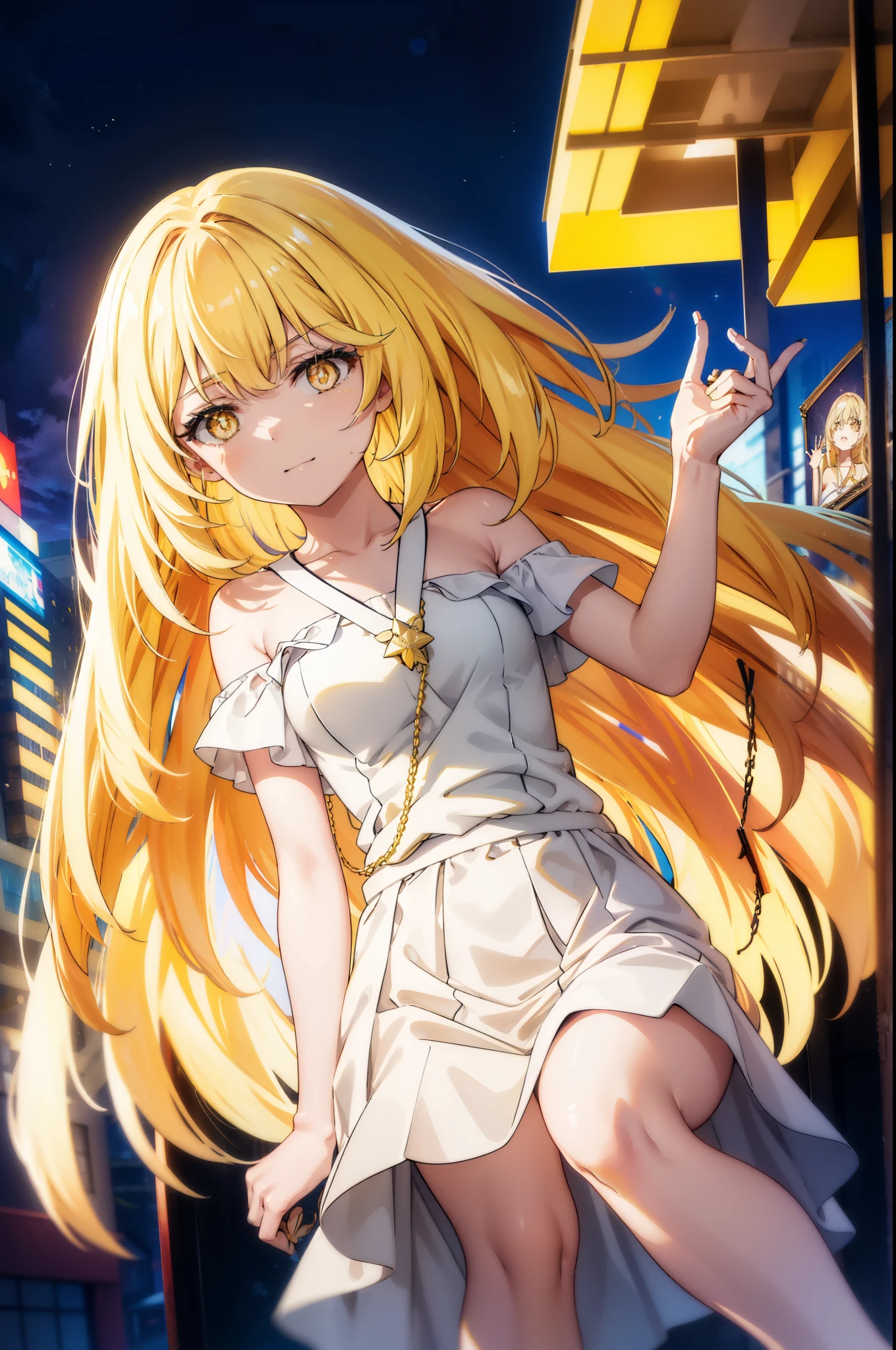 misakishokuhou, Misaki Shokuhou, Blonde, Hair between the eyes, Long Hair, (Symbol-shaped pupil:1.5), + +, (Yellow Eyes:1.5), (Medium chest:1.2),happy smile, smile, Open your mouth,Star Pendant,hair band,Yellow off-shoulder dress,Bare neck,Bare shoulders,bare clavicle,Bare arms,No sleeve,Yellow long skirt,Heeled Sandals,whole bodyがイラストに入るように,Clear skies,Daytime,True Summer,
break outdoor, Building district,
break looking at viewer, whole body,
break (masterpiece:1.2), highest quality, High resolution, unity 8k wallpaper, (figure:0.8), (Beautiful fine details:1.6), Highly detailed face, Perfect lighting, Highly detailed CG, (Perfect hands, Perfect Anatomy),