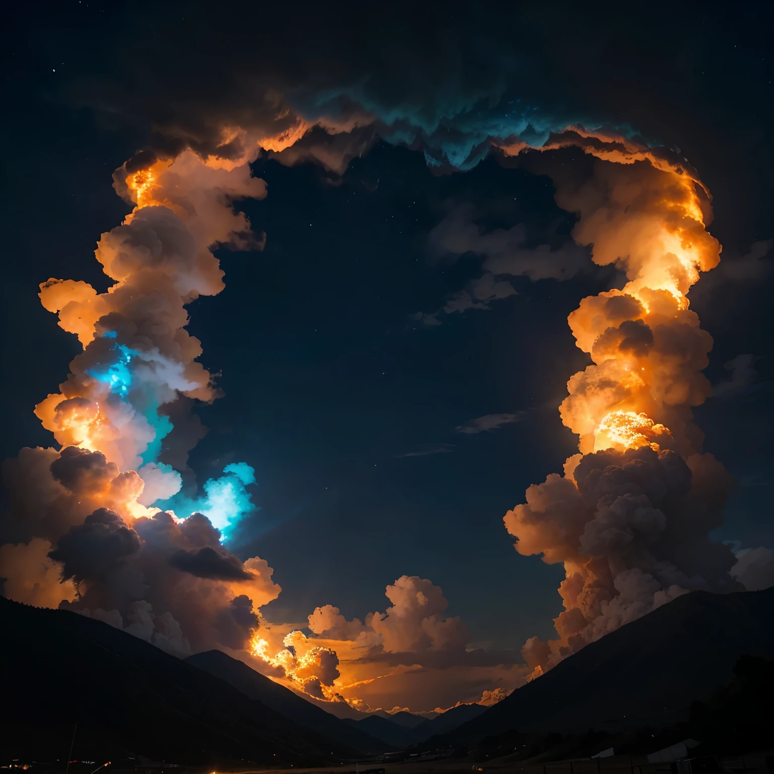 Un cielo majestuoso lleno de colores vivos. A lot of light and flames of fire accompany that sky and in the middle a very bright light