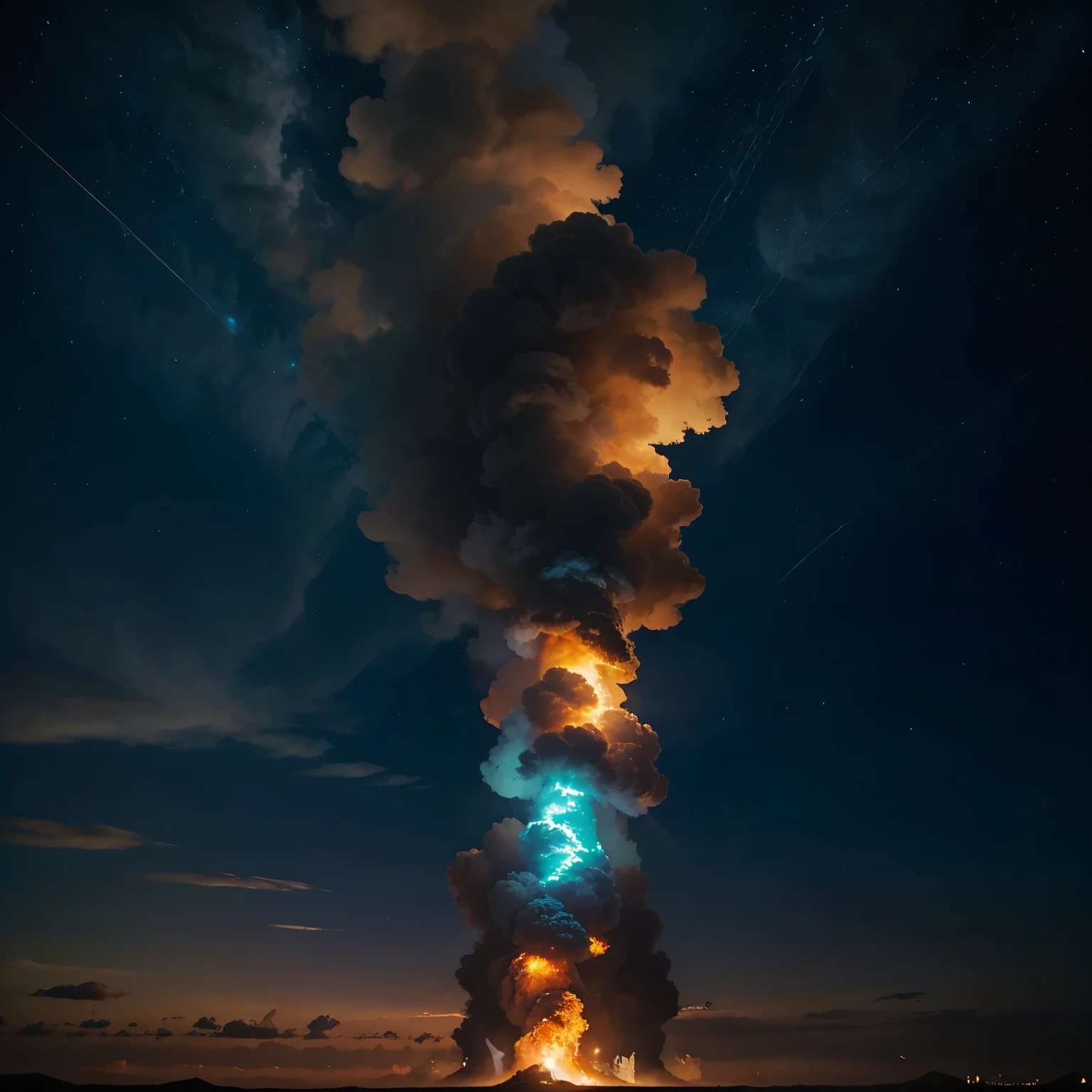 Un cielo majestuoso lleno de colores vivos. A lot of light and flames of fire accompany that sky and in the middle a very bright light