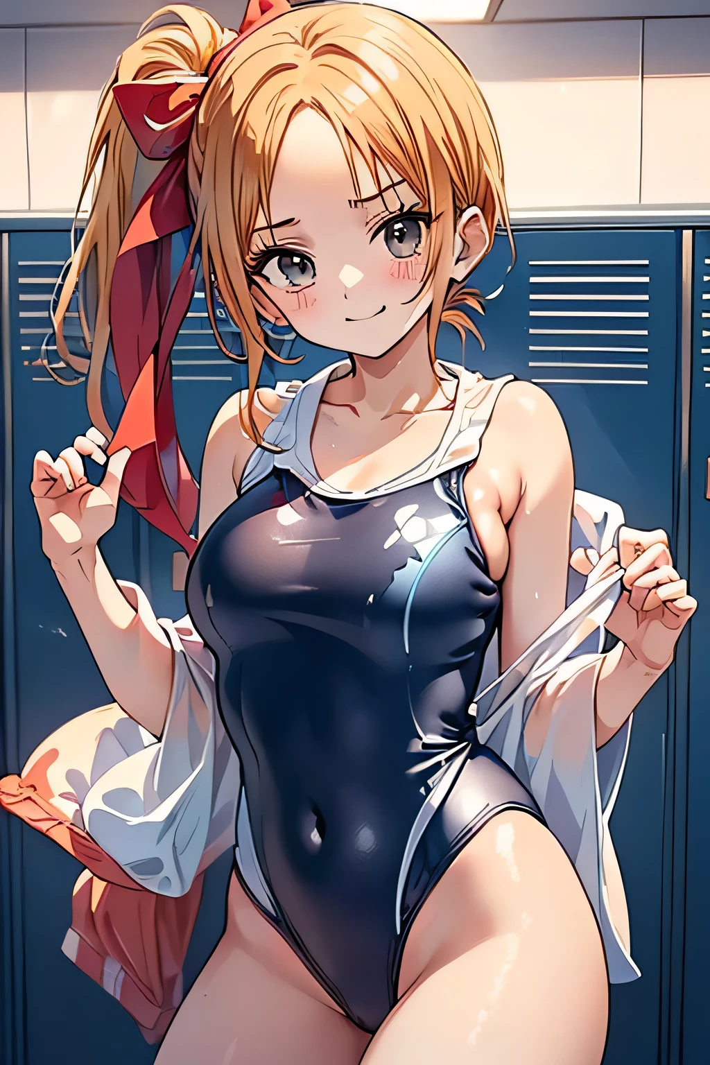 (((locker room:1.3))),(((locker room:1.3))),(((School uniform hanging on a locker:1.3))),(((White one piece swimsuit:1.7))),(((Sports towel))),(Dark red ribbon:1.3),Cute face,Shiny light brown and orange striped short hair,Messy ponytail,Cute Smile,Perfect round face,iris,(hairpin、ponytail、Floating Hair、),Large Breasts.Professional Lighting,Cinematic Light,(Tabletop,highest quality,Ultra-high resolution output images,) ,(8K quality,),(Picture Mode Ultra HD,)