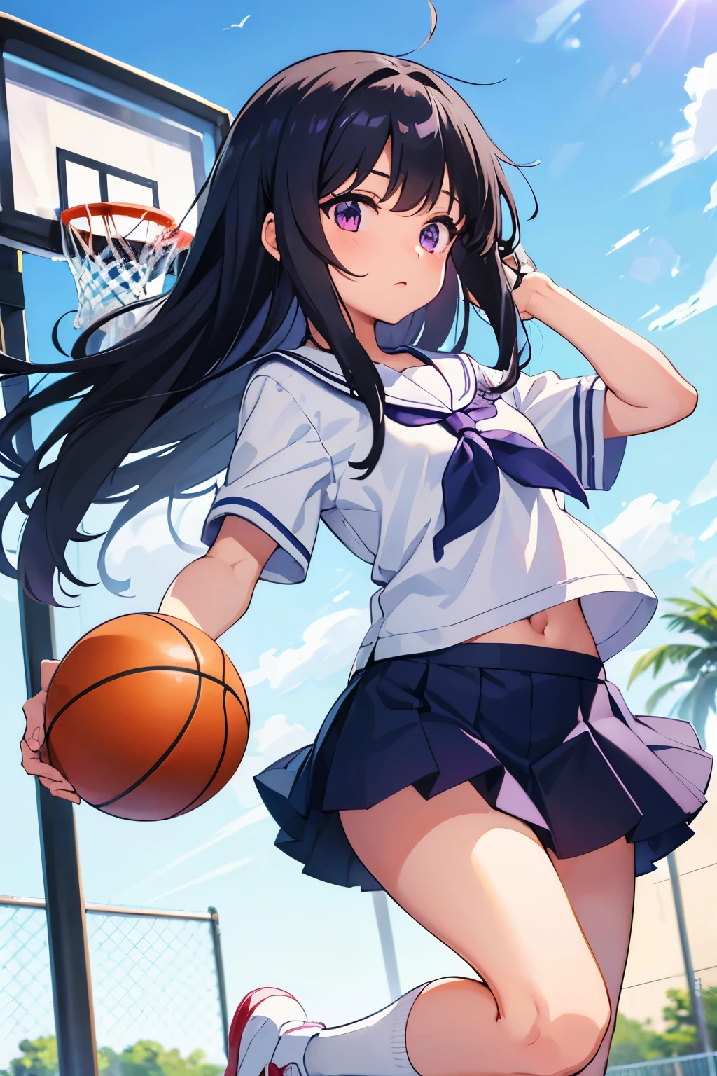 Elementary school girl 8-year-old Flat Chest Black Hair Long Hair Purple eyes 1 person white short sleeve sailor uniform Navy blue mini skirt White panties White socks sneakers School gym Are standing Holding a basketball Dynamic Angle Low Angle