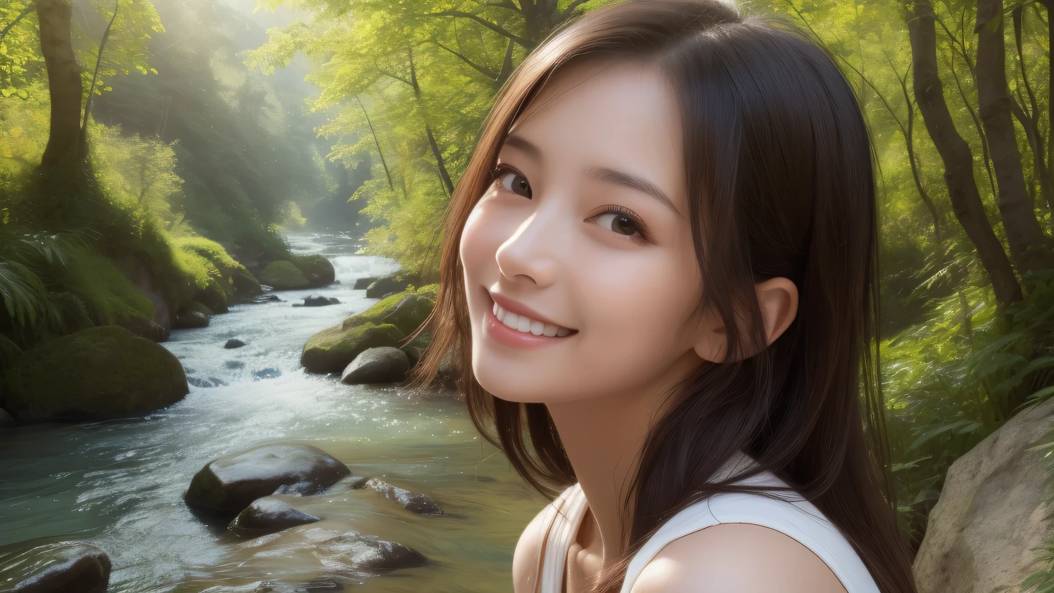 (1girl), kawaii, (smile:1.2), (Best Quality:1.4), Realistic, extremely detailed CG unified 8k wallpaper, highly detailed, High-definition raw color photos, professional photography, Realistic portrait, Beautiful detailed, Outdoors, Spreading green nature, (valleys. lush nature, great nature, clear rivers, trees, rocks, plants:1.4), refreshing, pleasant feeling, (sunshine, Sunbeams filtering through the trees), waterfall, (Close up portrait of girl:1.2), (Fine face:1.2),
