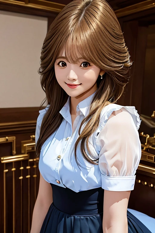 master piece，highest quality，official art，Highly detailed CG Unity 8K wallpaper，Like a ，very delicate and beautiful，ultra high resolution，（Realistic：1.4），golden hour lighting，（Upper body），（platinum short hair：0.8），（puffy eyes），looking at the viewer，Facing Front，smile，JK skirt，blue dress，shirt boosts long black hair