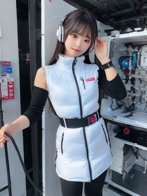 masterpiece, highest quality, Very detailed, 8K Portrait,japanese android girl,Plump , Control panel,Robotic arms and legs, Blunt bangs,,BREAK (metallic gray, metallic luster, mirror finish, astrovest):5,headphone:5,BREAK (black sleeves):100,smartwatch,futuristic space station,control room,BREAK headphone,blue eyes,(black hair):2,(long hair):1.3,look at viewer,(Respirator),BREAK blush:3,hidden hands,smile