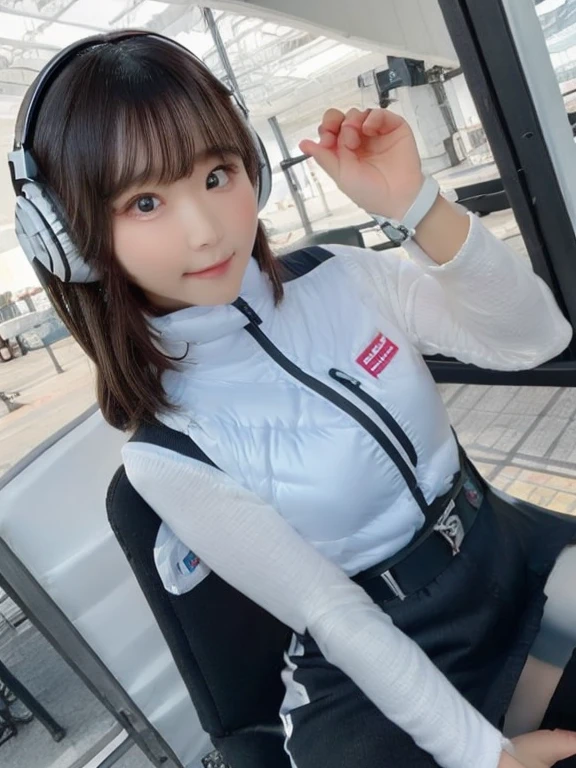 masterpiece, highest quality, Very detailed, 8K Portrait,japanese android girl,Plump , Control panel,Robotic arms and legs, Blunt bangs,,BREAK (metallic gray, metallic luster, mirror finish, astrovest):5,headphone:5,BREAK (black sleeves):100,smartwatch,futuristic space station,control room,BREAK headphone,blue eyes,(black hair):2,(long hair):1.3,look at viewer,(Respirator),BREAK blush:3,hidden hands,smile