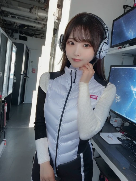 masterpiece, highest quality, Very detailed, 8K Portrait,japanese android girl,Plump , Control panel,Robotic arms and legs, Blunt bangs,,BREAK (metallic gray, metallic luster, mirror finish, astrovest):5,headphone:5,BREAK (black sleeves):100,smartwatch,futuristic space station,control room,BREAK headphone,blue eyes,(black hair):2,(long hair):1.3,look at viewer,(Respirator),BREAK blush:3,hidden hands,smile