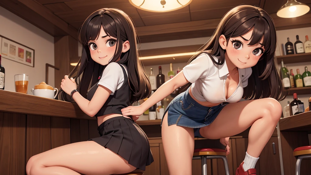 Ultra realistic 7 years old, two girls, obra maestra, mejor calidad, alta calidad, defined, detailed, HD, (piel morena), ojos definidos, ojos cafes intensos, long eyelashes, small mouth, sonrisa, :3, very long hair, pelo liso, pelo oscuro, cuerpo reducido,  barely contained, , , posando foto, estudio, mini skirt, sin sostenes, no bra, excitada,  erectos, nice view, full body, nice body, nice hands, nice fingers, perfect fingers, abierto, mojada, sudada, caliente, tight, sonrojada, nice legs, no socks, sin flequillo, peinada hacia atras, pose lasciva, petites, no skirts, ,  clothes, squeeze, bar, drunk, , holding,  touch