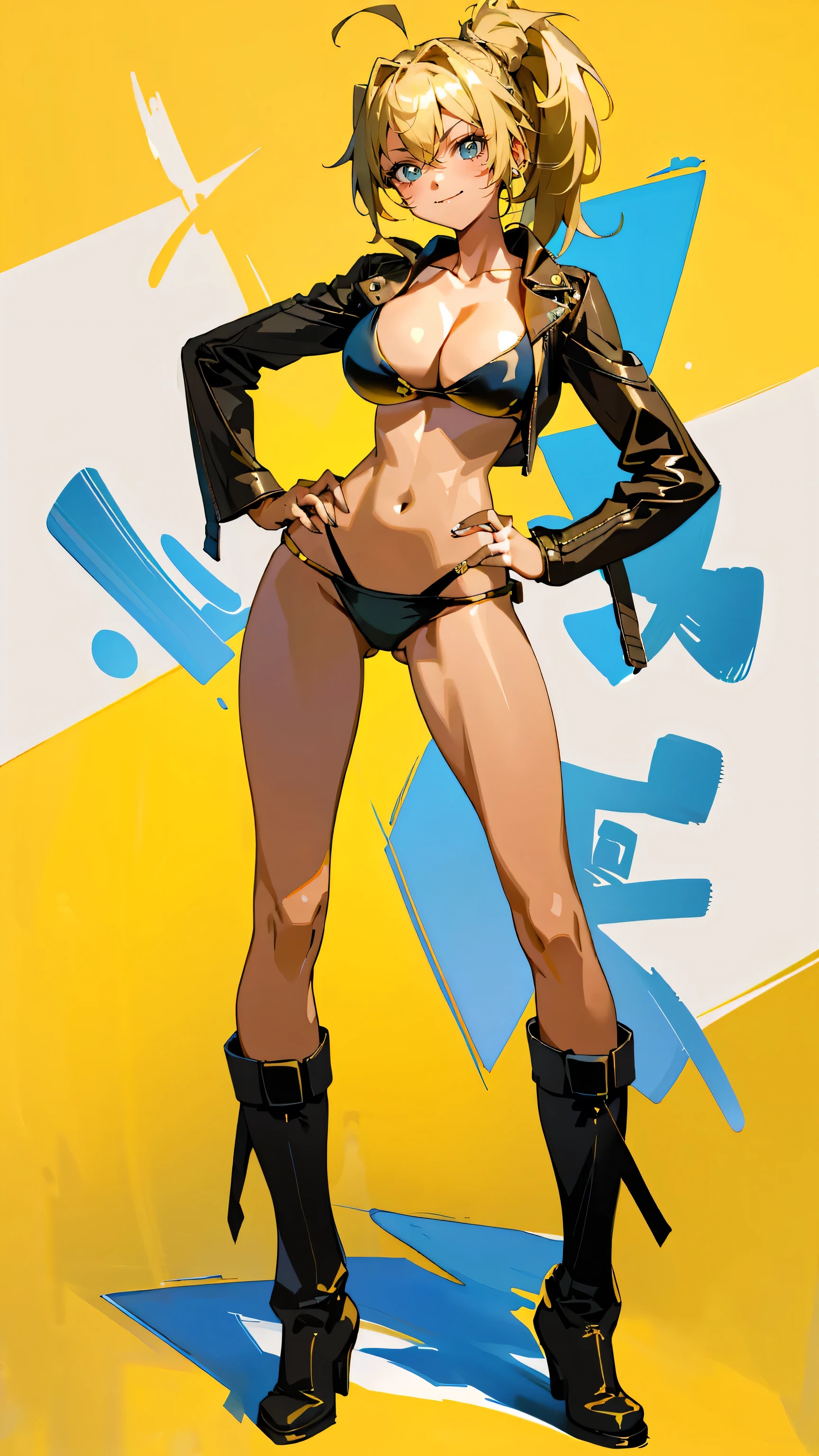 Masterpiece, best quality, Masterpiece, best quality, 1 woman  , blue eyes , yellow ponytail , black leather jacket , sly face , smile , bikini , abdomen, big breasts , Long legs , boots , hands on hips , blank background