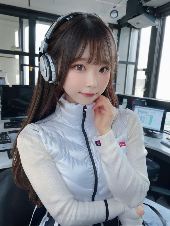 masterpiece, highest quality, Very detailed, 8K Portrait,japanese android girl,Plump , Control panel,Robotic arms and legs, Blunt bangs,,BREAK (metallic gray, metallic luster, mirror finish, astrovest):5,headphone:5,BREAK (black sleeves):100,smartwatch,futuristic space station,control room,BREAK headphone,blue eyes,(black hair):2,(long hair):1.3,look at viewer,(Respirator),BREAK blush:3,hidden hands,smile