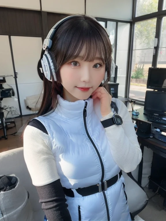 masterpiece, highest quality, Very detailed, 8K Portrait,japanese android girl,Plump , Control panel,Robotic arms and legs, Blunt bangs,,BREAK (metallic gray, metallic luster, mirror finish, astrovest):5,headphone:5,BREAK (black sleeves):100,smartwatch,futuristic space station,control room,BREAK headphone,blue eyes,(black hair):2,(long hair):1.3,look at viewer,(Respirator),BREAK blush:3,hidden hands,smile