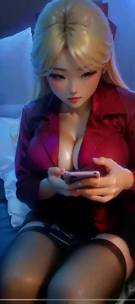 Blonde girl in red jacket sitting on bed and looking at mobile phone, Check her phone, generous Clive Arch open jacket, beautiful chinese model, Revealing clothes, Touch her clothes, Sexy Girls, 4 8 0 points, 480p, full, goddess Check her phone, Korean Girl, Check her phone, Japanese Goddess, Clive Arch, Asian Girls, sexy dress(Large Breasts、(((Cleavage)) photography, 8k, HDR, high resolution, absurd:1.2, Kodak Portrait 400, Film Grain, Blurred background, Bokeh:1.2, lens flare, (Energetic_color:1.2),专业photography师