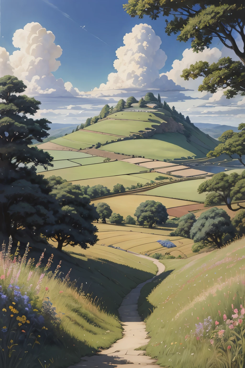 Realistic, real, beautiful and stunning landscape oil painting Studio Ghibli Hayao Miyazaki Petals Grassland Blue Sky Grassland Country Road,building,