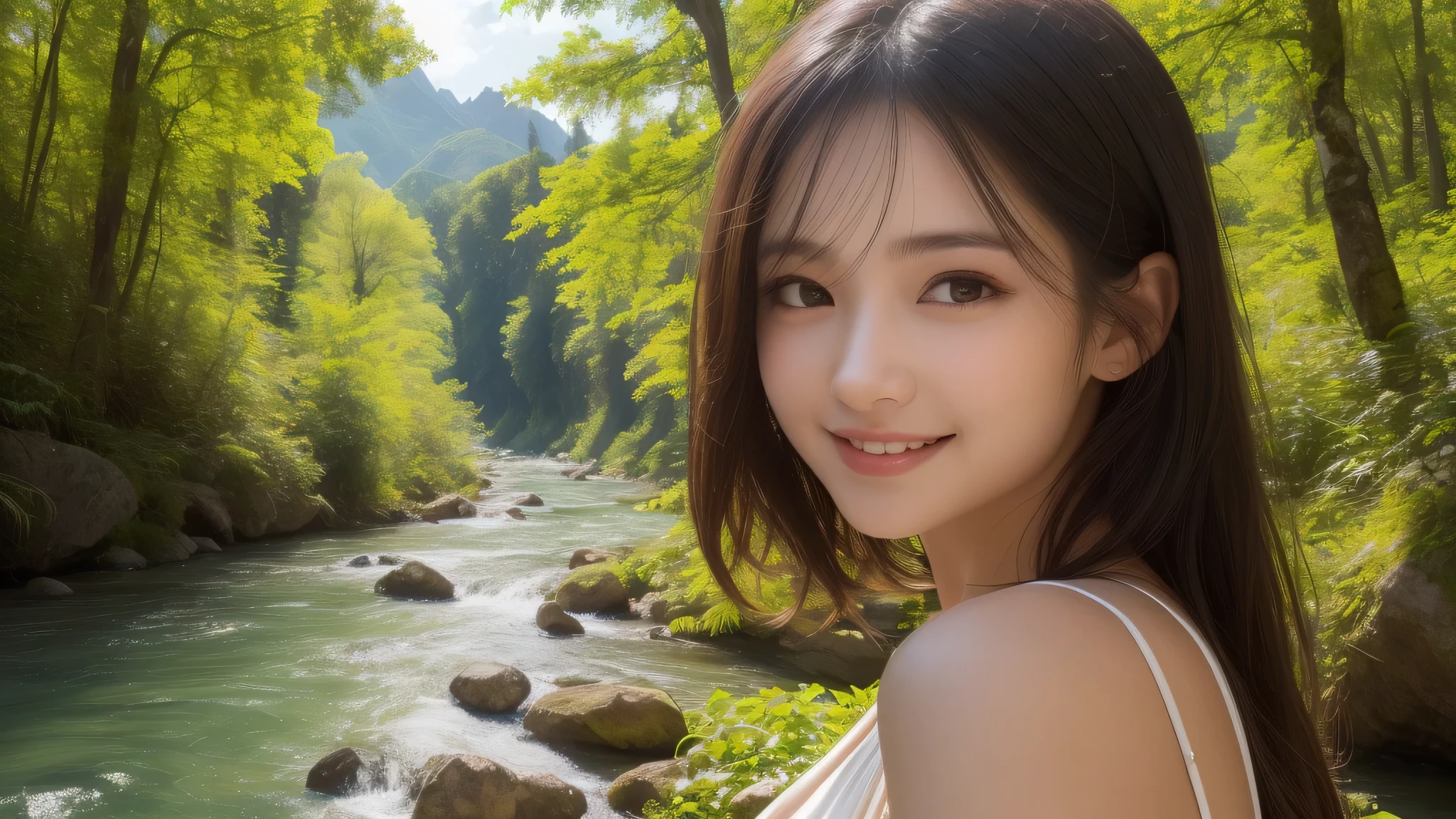 (1girl), kawaii, (smile:1.2), (Best Quality:1.4), Realistic, extremely detailed CG unified 8k wallpaper, highly detailed, High-definition raw color photos, professional photography, Realistic portrait, Beautiful detailed, Outdoors, Spreading green nature, (valleys. lush nature, great nature, clear rivers, trees, rocks, plants:1.4), refreshing, pleasant feeling, (sunshine, Sunbeams filtering through the trees), waterfall, (Close up portrait of girl:1.2), (Fine face:1.2),