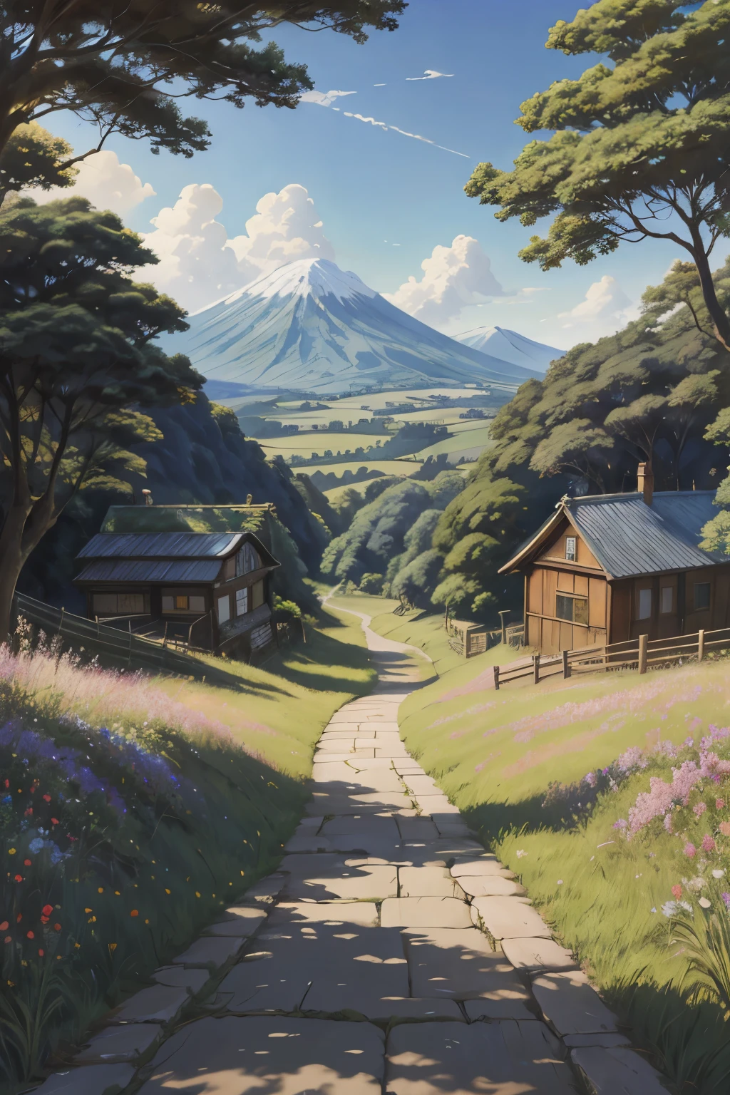 Realistic, real, beautiful and stunning landscape oil painting Studio Ghibli Hayao Miyazaki Petals Grassland Blue Sky Grassland Country Road,building, 