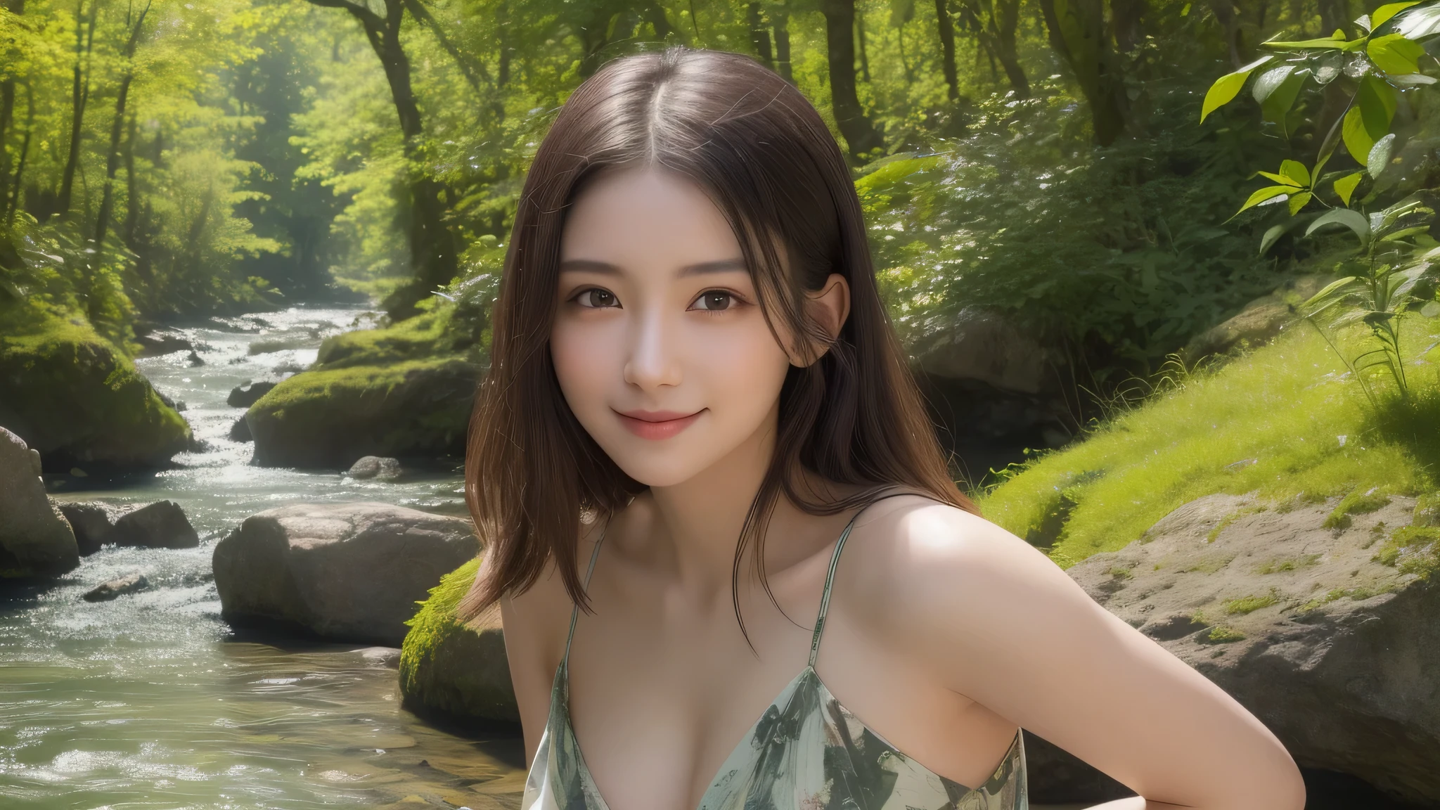 (1girl), kawaii, (smile:1.2), (Best Quality:1.4), Realistic, extremely detailed CG unified 8k wallpaper, highly detailed, High-definition raw color photos, professional photography, Realistic portrait, Beautiful detailed, Outdoors, Spreading green nature, (valleys. lush nature, great nature, clear rivers, trees, rocks, plants:1.4), refreshing, pleasant feeling, (sunshine, Sunbeams filtering through the trees), waterfall, (Close up portrait of girl:1.2), (Fine face:1.2),