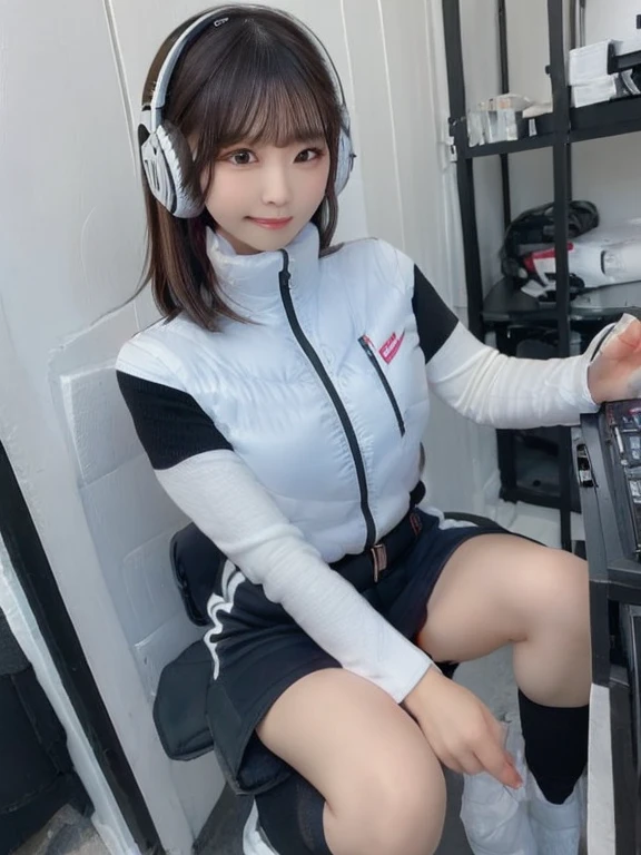 masterpiece, highest quality, Very detailed, 8K Portrait,japanese android girl,Plump , Control panel,Robotic arms and legs, Blunt bangs,,BREAK (metallic gray, metallic luster, mirror finish, astrovest):5,headphone:5,BREAK (black sleeves):100,smartwatch,futuristic space station,control room,BREAK headphone,blue eyes,(black hair):2,(long hair):1.3,look at viewer,(Respirator),BREAK blush:3,hidden hands,smile