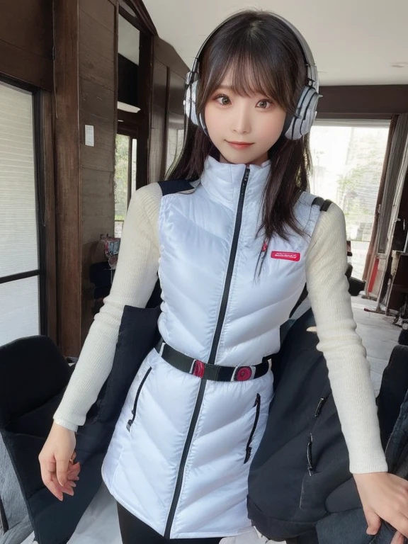 masterpiece, highest quality, Very detailed, 8K Portrait,japanese android girl,Plump , Control panel,Robotic arms and legs, Blunt bangs,,BREAK (metallic gray, metallic luster, mirror finish, astrovest):5,headphone:5,BREAK (black sleeves):100,smartwatch,futuristic space station,control room,BREAK headphone,blue eyes,(black hair):2,(long hair):1.3,look at viewer,(Respirator),BREAK blush:3,hidden hands,smile