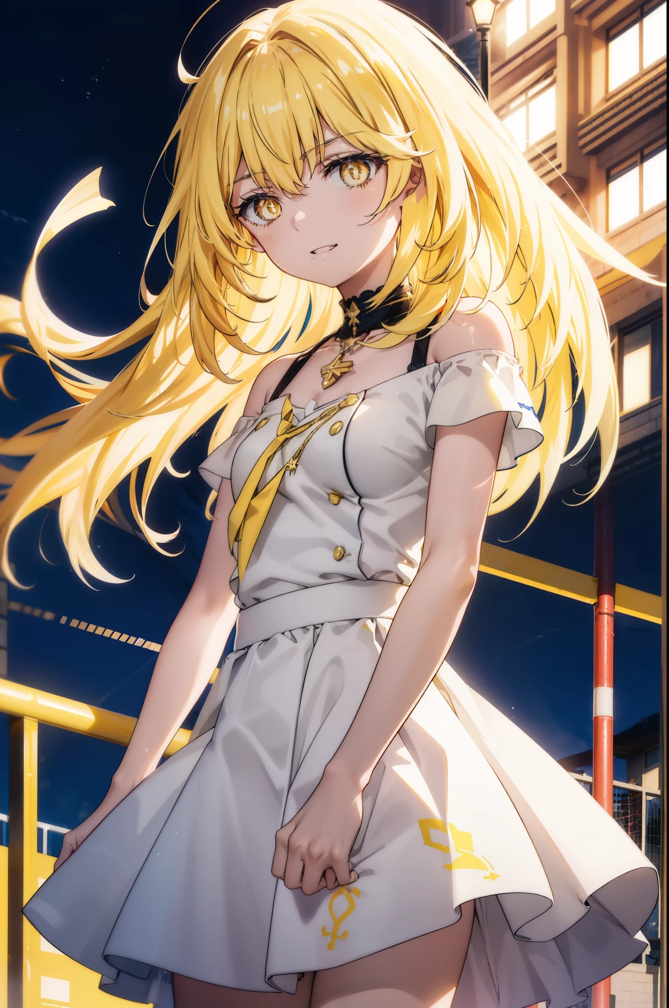 misakishokuhou, Misaki Shokuhou, Blonde, Hair between the eyes, Long Hair, (Symbol-shaped pupil:1.5), + +, (Yellow Eyes:1.5), (Medium chest:1.2),happy smile, smile, Open your mouth,Star Pendant,hair band,Yellow off-shoulder dress,Bare neck,Bare shoulders,bare clavicle,Bare arms,No sleeve,Yellow long skirt,Heeled Sandals,whole bodyがイラストに入るように,Clear skies,Daytime,True Summer,
break outdoor, Building district,
break looking at viewer, whole body,
break (masterpiece:1.2), highest quality, High resolution, unity 8k wallpaper, (figure:0.8), (Beautiful fine details:1.6), Highly detailed face, Perfect lighting, Highly detailed CG, (Perfect hands, Perfect Anatomy),