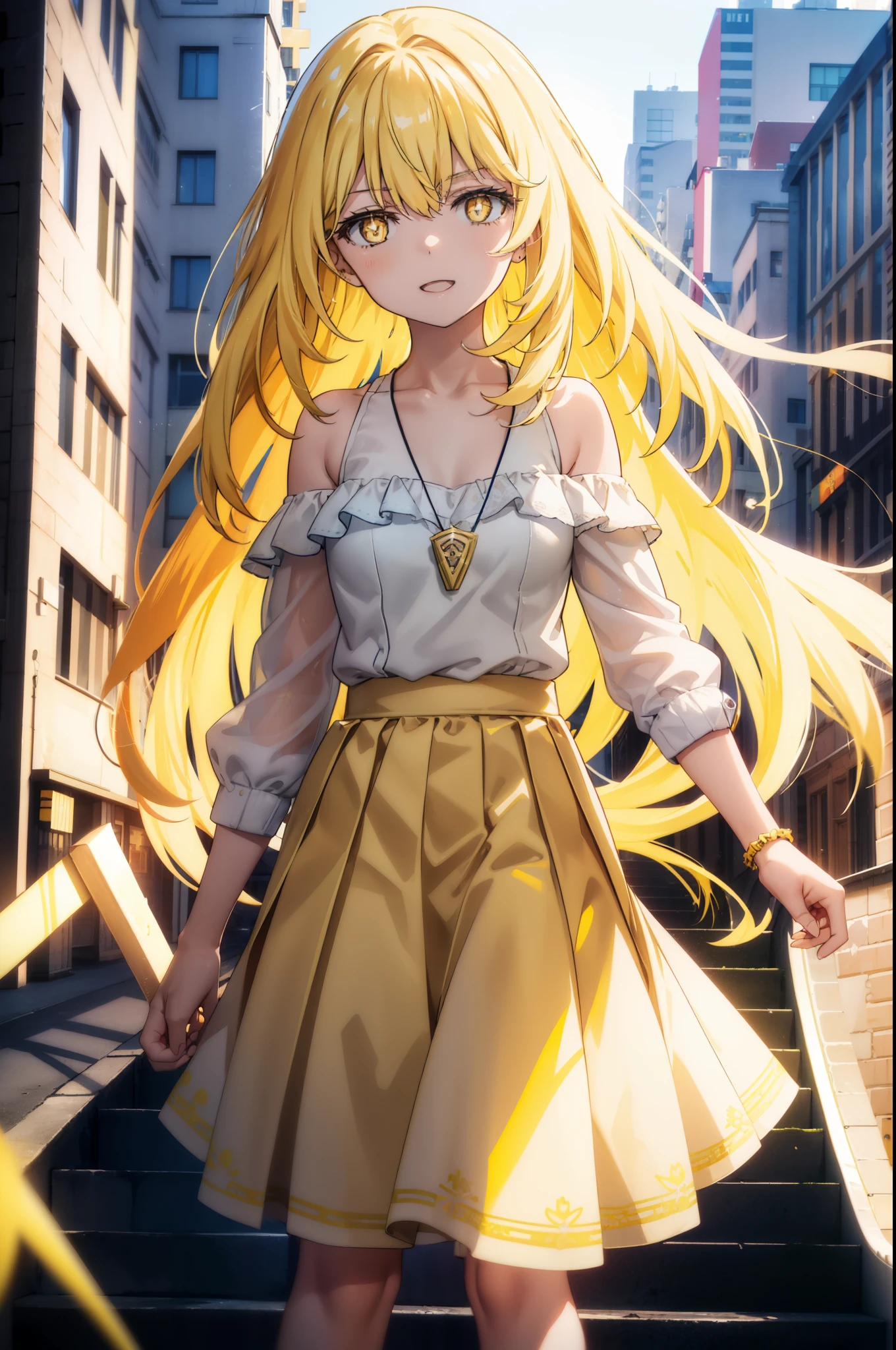 misakishokuhou, Misaki Shokuhou, Blonde, Hair between the eyes, Long Hair, (Symbol-shaped pupil:1.5), + +, (Yellow Eyes:1.5), (Medium chest:1.2),happy smile, smile, Open your mouth,Star Pendant,hair band,Yellow off-shoulder dress,Bare neck,Bare shoulders,bare clavicle,Bare arms,No sleeve,Yellow long skirt,Heeled Sandals,whole bodyがイラストに入るように,Clear skies,Daytime,True Summer,
break outdoor, Building district,
break looking at viewer, whole body,
break (masterpiece:1.2), highest quality, High resolution, unity 8k wallpaper, (figure:0.8), (Beautiful fine details:1.6), Highly detailed face, Perfect lighting, Highly detailed CG, (Perfect hands, Perfect Anatomy),