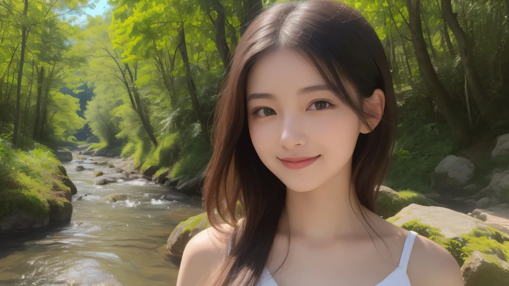 (1girl), kawaii, (smile:1.2), (Best Quality:1.4), Realistic, extremely detailed CG unified 8k wallpaper, highly detailed, High-definition raw color photos, professional photography, Realistic portrait, Beautiful detailed, Outdoors, Spreading green nature, (valleys. lush nature, great nature, clear rivers, trees, rocks, plants:1.4), refreshing, pleasant feeling, (sunshine, Sunbeams filtering through the trees), waterfall, (Close up portrait of girl:1.2), (Fine face:1.2),