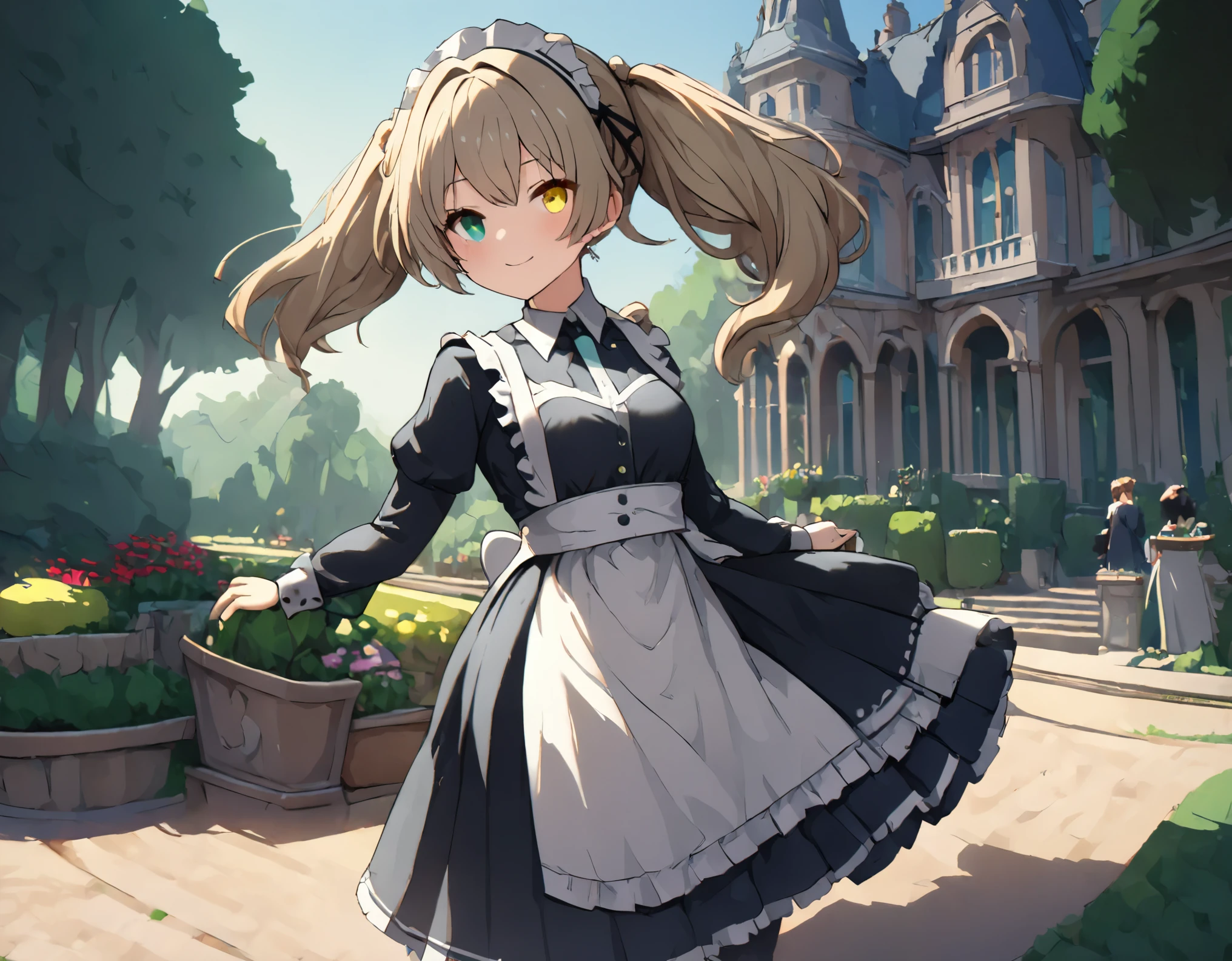 (((best quality ultra-detailed,unity 8k))),(edwardian Maid),heterochromia green eye yellow eye,smile,Garden of the mansion