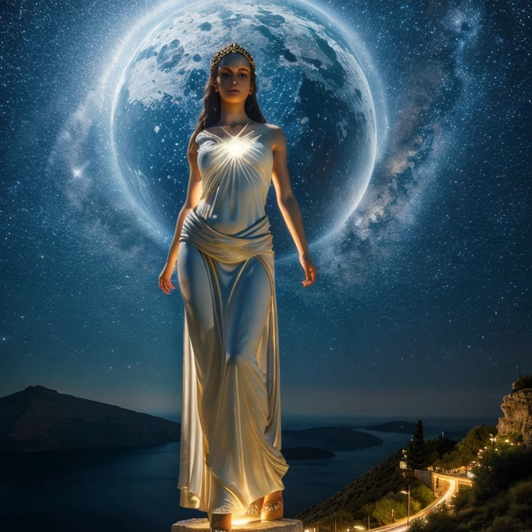 A Greek Goddess stands serenely, ethereal magic surrounding her, Mount Olympus at night, high quality, photorealistic, full body view, small points of light orbit the goddess