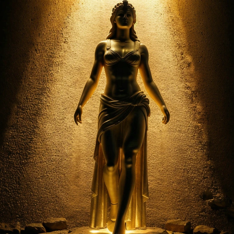 A Greek Goddess stands serenely, ethereal magic surrounding her, Mount Olympus at night, high quality, photorealistic, full body view, small points of light orbit the goddess