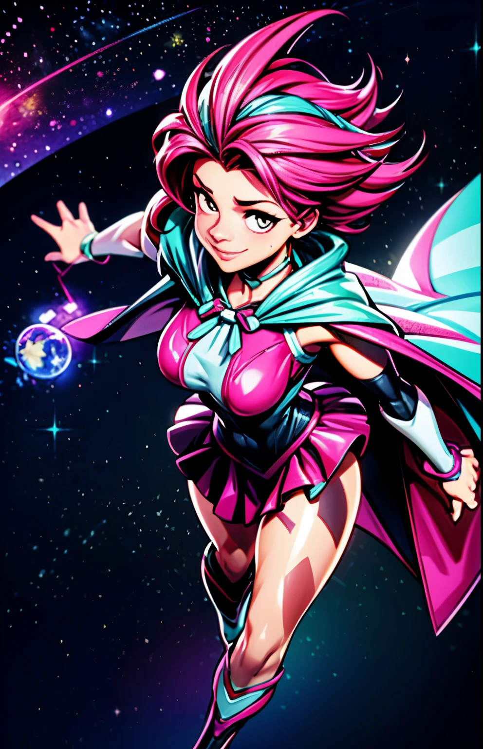 Digital painting of a woman with royal pink hair, super hero, muscle girl, pose, fist up, arm up, ((from above)), 1knee up, Behance Contest Winner, Afrofuturism, Synthwave, neon, glowing neon, sagging massive breasts, mini skirt with frill, cape, ribbon, sweat, glossy silky skin, ((smile)), cosmic sparkling in space,