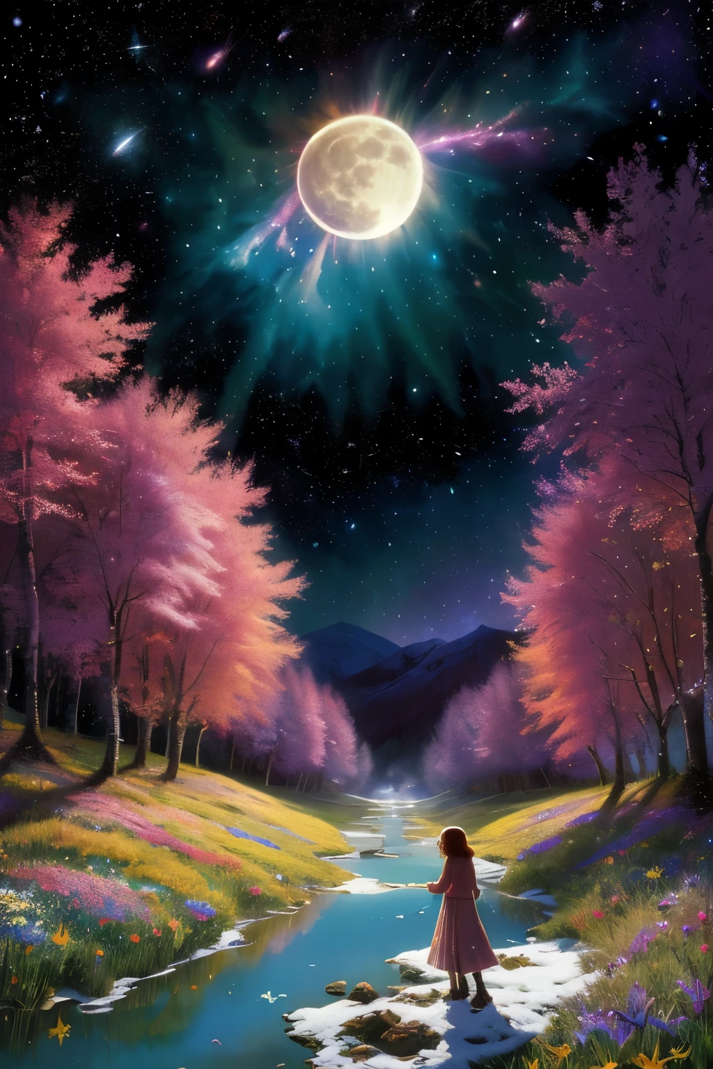 top-quality、masutepiece、1womanl、solo、(abstract art:1.4),(Psychedelia Theme:1.6),(Gunjo World:1.5),(Snow World:1.5),(Winter World:1.5),(At the center of the world is the most beautiful woman in the world),(many stars are falling:1.3),A expansive landscape photograph , (a view from below that shows sky above and open field below), a girl standing on flower field looking up, (full moon:1.2), ( shooting stars:0.9), (nebula:1.3), distant mountain, tree BREAK production art, (warm light source:1.2), (Firefly:1.2), lamp, lot of purple and orange, intricate details, volumetric lighting BREAK (masterpiece:1.2), (best quality), 4k, ultra-detailed, (dynamic composition:1.4), highly detailed, colorful details,( iridescent colors:1.2), (glowing lighting, atmospheric lighting), dreamy, magical, (solo:1.2)(Nostalgic landscapes:1.5),(colorful flower:1.3),Garden Girl,gentle sunlight,Soft breeze,Delicate flowers,A rainbow-colored butterfly flaps its wings,Mesmerizing natural beauty,Fragments of Shining Stars,ice crystal,Mountain path, fir trees, birch trees, children playing, flowers, butterflies, flying birds, landscape, birds chirping, sunlight filtering through the trees, soft breeze, lush green foliage, sparkling water reflections, vibrant wildflowers, joyful laughter, carefree children's expressions, dynamic brushstrokes, mountain, harmonious composition.