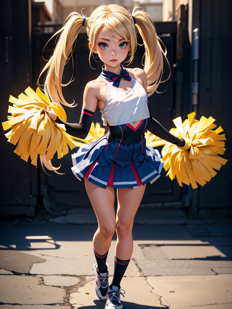 1girl, blonde, pigtails, sexy, short, perfect lips, dark makeup, cheerleader, ((Full Body Portrait)), very small, tiny