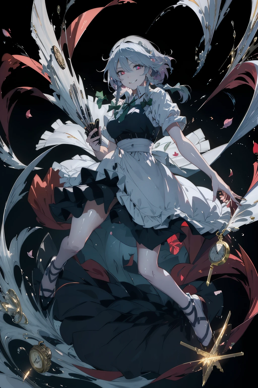 masterpiece, best quality, illustration, 1girl, solo, Izayoi Sakuya, (white short hair), maid headband, sharp eyes, (vivid color), light, thick smoke:1.6, (floating white ink:1.8), Cyan flame, (beautiful and clear background:1.25), (depth of field:0.7), Dreamlike, (highres:1.2), (ultra-detailed:1.2), (extremely detailed CG unity 8k wallpaper:1.2), (traditional media), (sketch:1.1), finely detailed beautiful eyes and detailed face, Knives, (flying petals:1.2), (evil smile:1.5), (empty eyes, simple eyes, glowing red pupils:1.5), (knives in right hand and pocket watch in left hand:1.3), Knifefight, dynamic colors, colorful, dynamic pose, dynamic angle, (full body:1.5), Touhou, knife, holding Knives, izayoi sakuya, medium breasts, (detailed eyes), cute, beauty, HDR, 4K, nier anime style, harmony, fighting stance, izayoi sakuya