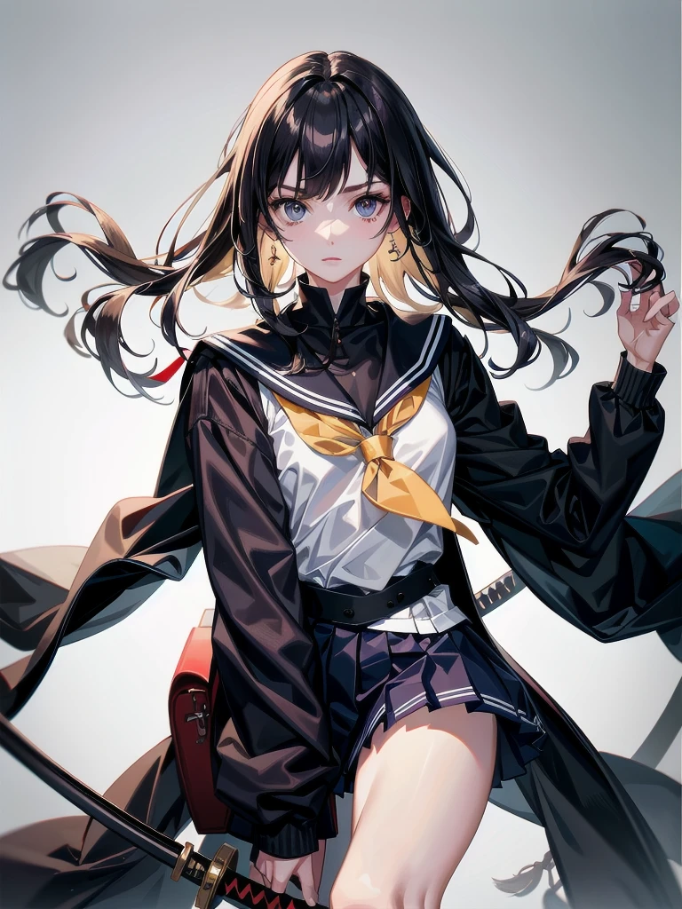 whole body, sailor school_uniform in long jacket, long katana, samurai, Ruins, absurdres, RAW photo, extremely delicate and beautiful, masterpiece, Best Quality, ultra high resolution, 32k, hyperrealistic, ultra-detailed, detailed beautiful face and eyes, tearful mole, earring, short medium hair, wavy hair,
