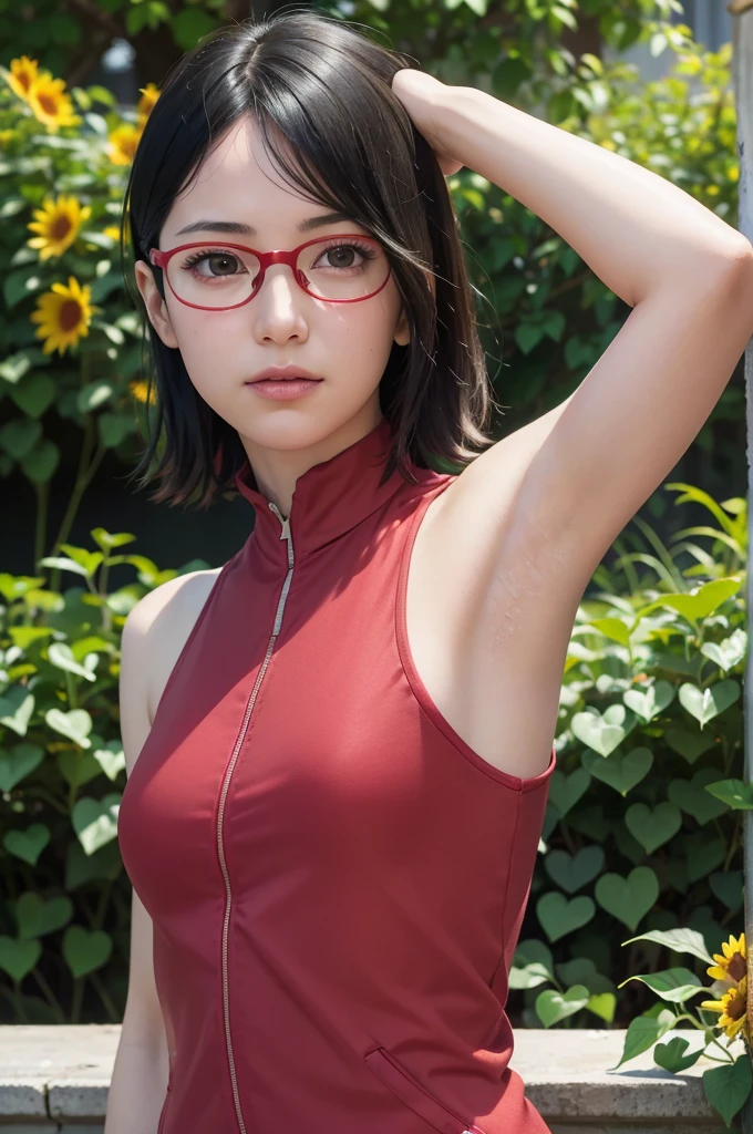 masterpiece, best quality, (realistic, photo-realistic:1.4), (RAW photo:1.2), extremely detailed CG unity 8k wallpaper, delicate and beautiful, amazing, finely detail, official art, absurdres, incredibly absurdres, huge filesize, ultra-detailed, extremely detailed, extremely detailed girl, extremely detailed eyes and face, light on face,little smile,sarada uchiha,(parted bangs:1.2),short hair,black hair,garden,( girl:1.7),close up,(wearing red framed glasses:1.4),sunflower garden, put your hands behind your head, armpits, armpits visible, sweaty armpits, show off armpits