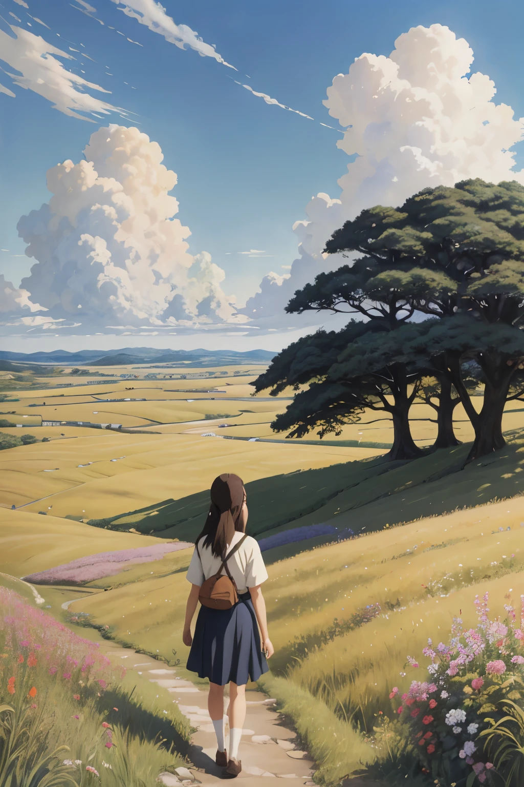 Realistic, real, beautiful and stunning landscape oil painting Studio Ghibli Hayao Miyazaki Petals Grassland Blue Sky Grassland Country Road,building, beautiful girl