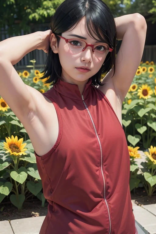 masterpiece, best quality, (realistic, photo-realistic:1.4), (RAW photo:1.2), extremely detailed CG unity 8k wallpaper, delicate and beautiful, amazing, finely detail, official art, absurdres, incredibly absurdres, huge filesize, ultra-detailed, extremely detailed, extremely detailed girl, extremely detailed eyes and face, light on face,little smile,sarada uchiha,(parted bangs:1.2),short hair,black hair,garden,(:1.7),close up,(wearing red framed glasses:1.4),sunflower garden, put your hands behind your head, armpits, armpits visible, sweaty armpits, show off armpits