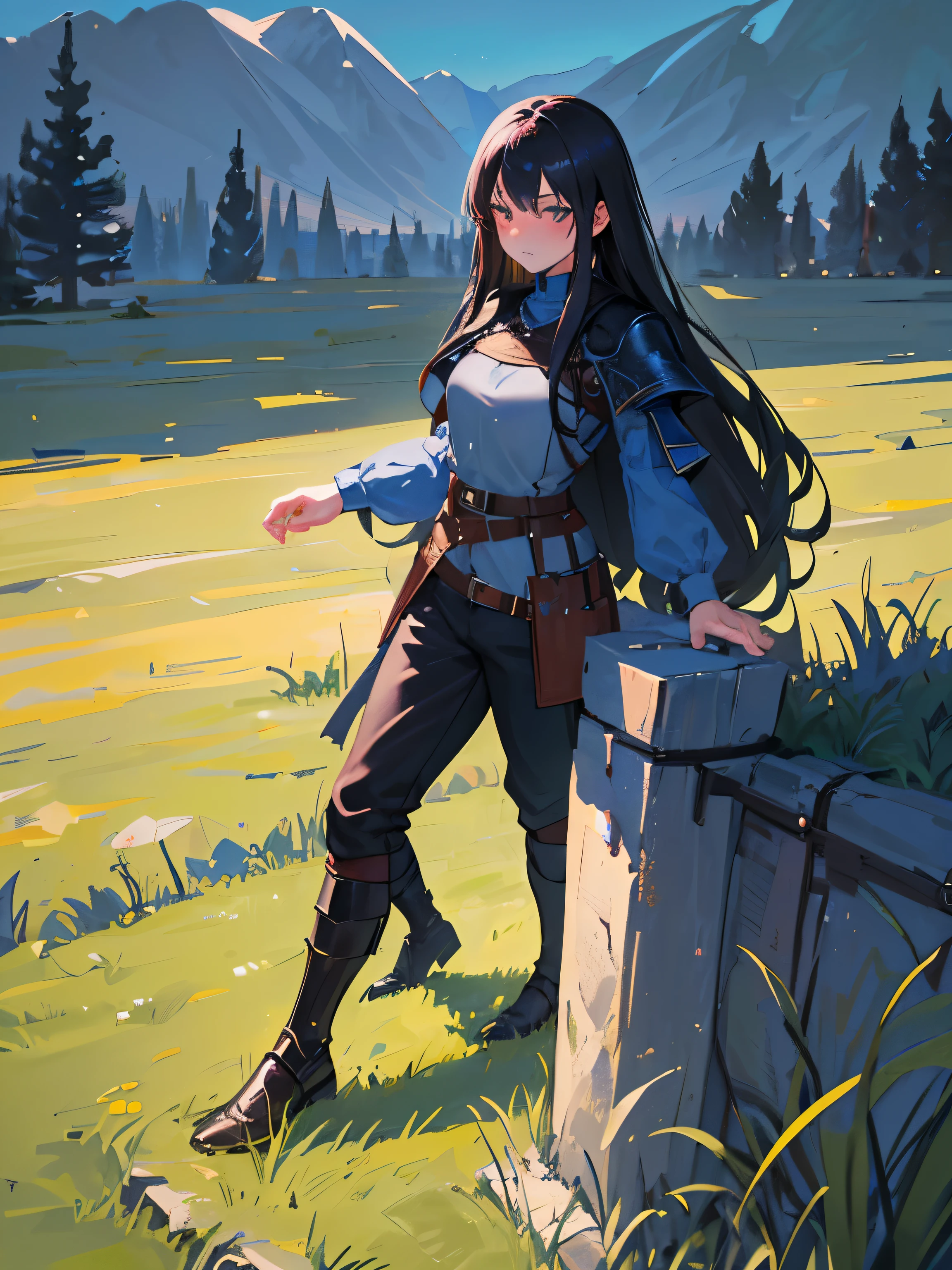 1girl, Black straight long hair, Black eyes, (Detailed face), Full body, ((intense Blue medieval adventurer clothes), medieval, (Grasslands bakcground), masterpiece, black pants, (cute face), black hair, adventurer clothes, young, (blush)