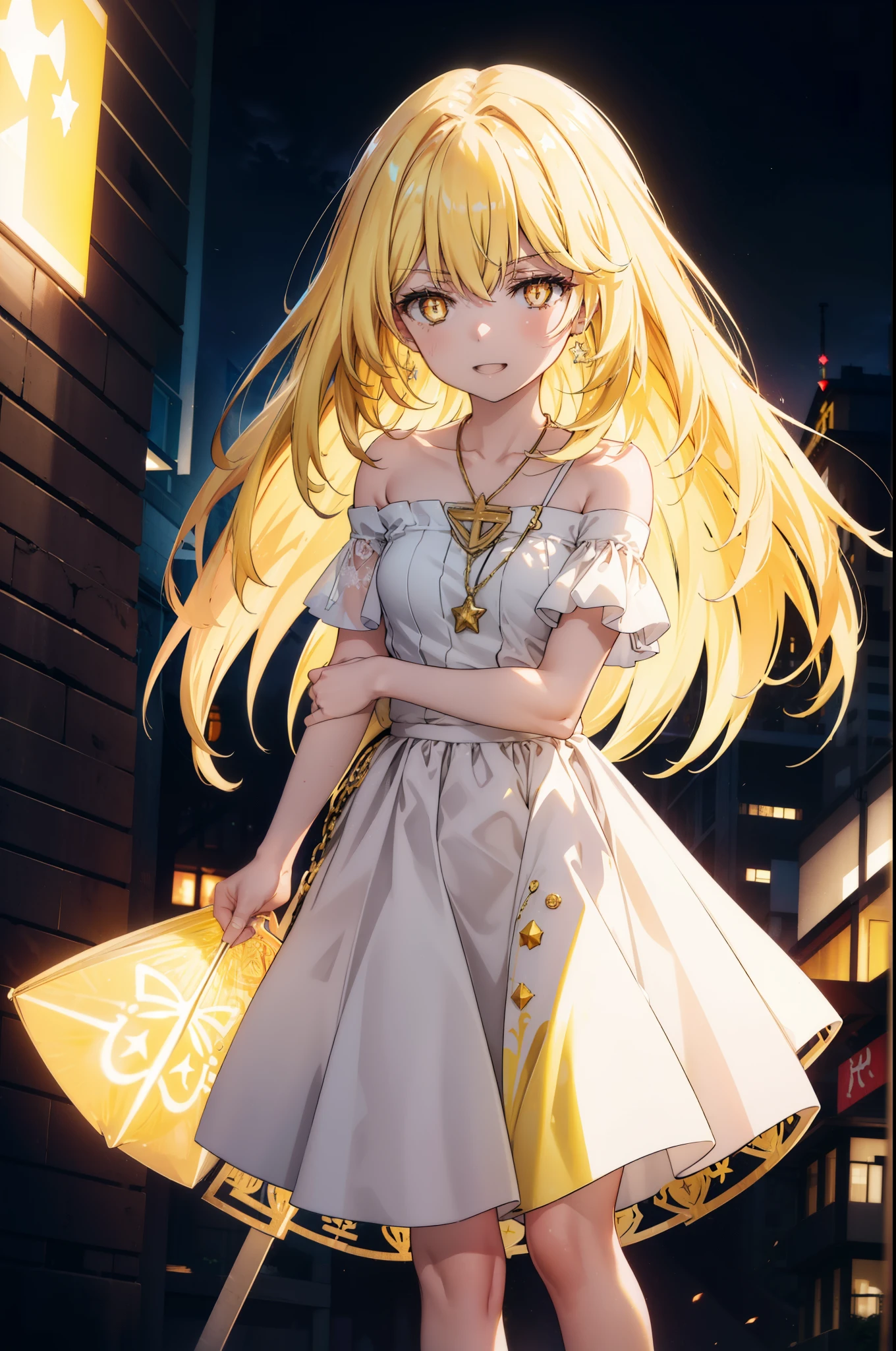 misakishokuhou, Misaki Shokuhou, Blonde, Hair between the eyes, Long Hair, (Symbol-shaped pupil:1.5), + +, (Yellow Eyes:1.5), (Medium chest:1.2),happy smile, smile, Open your mouth,Star Pendant,hair band,Yellow off-shoulder dress,Bare neck,Bare shoulders,bare clavicle,Bare arms,No sleeve,Yellow long skirt,Heeled Sandals,whole bodyがイラストに入るように,Clear skies,Daytime,True Summer,
break outdoor, Building district,
break looking at viewer, whole body,
break (masterpiece:1.2), highest quality, High resolution, unity 8k wallpaper, (figure:0.8), (Beautiful fine details:1.6), Highly detailed face, Perfect lighting, Highly detailed CG, (Perfect hands, Perfect Anatomy),