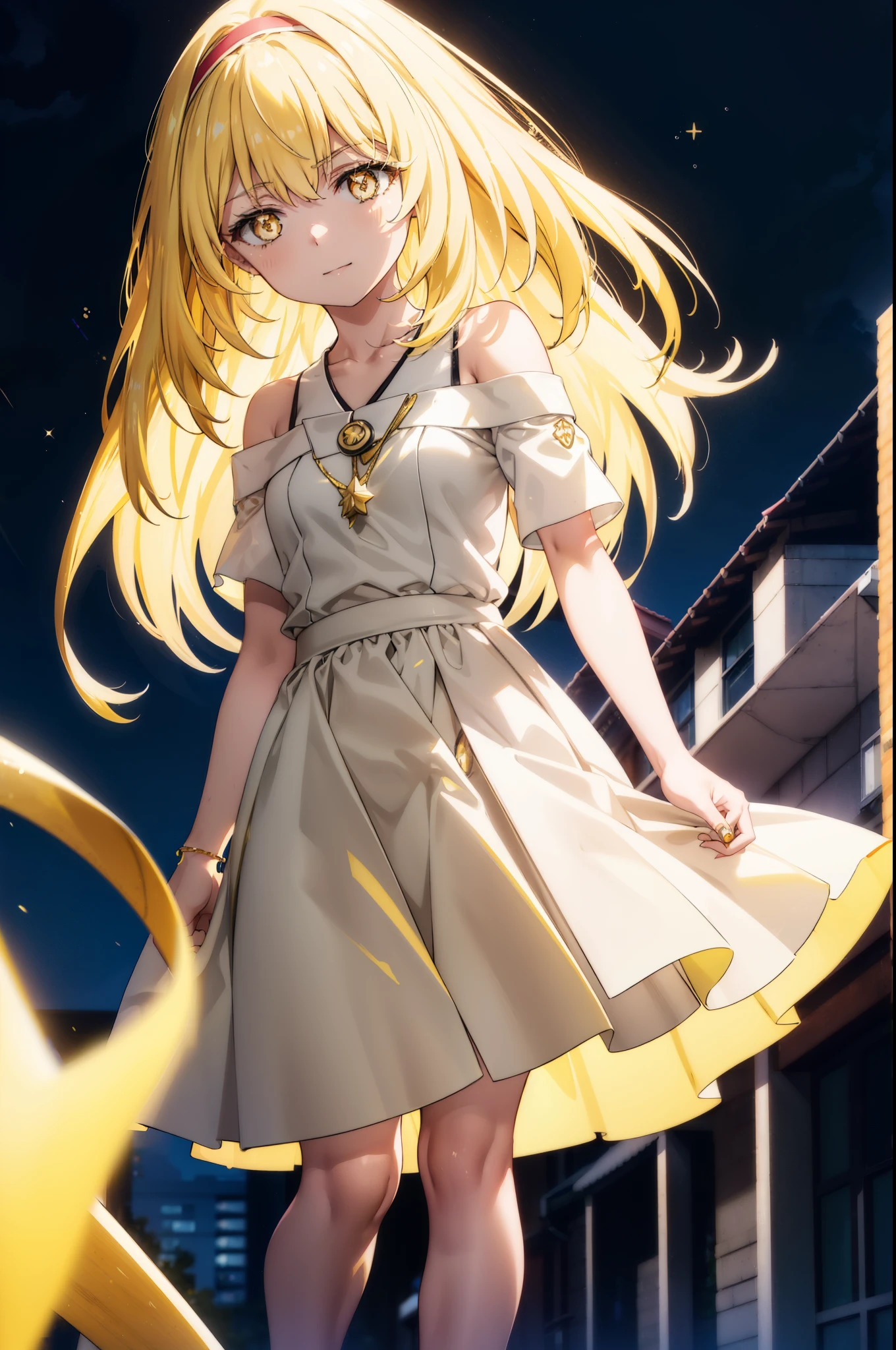 misakishokuhou, Misaki Shokuhou, Blonde, Hair between the eyes, Long Hair, (Symbol-shaped pupil:1.5), + +, (Yellow Eyes:1.5), (Medium chest:1.2),happy smile, smile, Open your mouth,Star Pendant,hair band,Yellow off-shoulder dress,Bare neck,Bare shoulders,bare clavicle,Bare arms,No sleeve,Yellow long skirt,Heeled Sandals,whole bodyがイラストに入るように,Clear skies,Daytime,True Summer,
break outdoor, Building district,
break looking at viewer, whole body,
break (masterpiece:1.2), highest quality, High resolution, unity 8k wallpaper, (figure:0.8), (Beautiful fine details:1.6), Highly detailed face, Perfect lighting, Highly detailed CG, (Perfect hands, Perfect Anatomy),