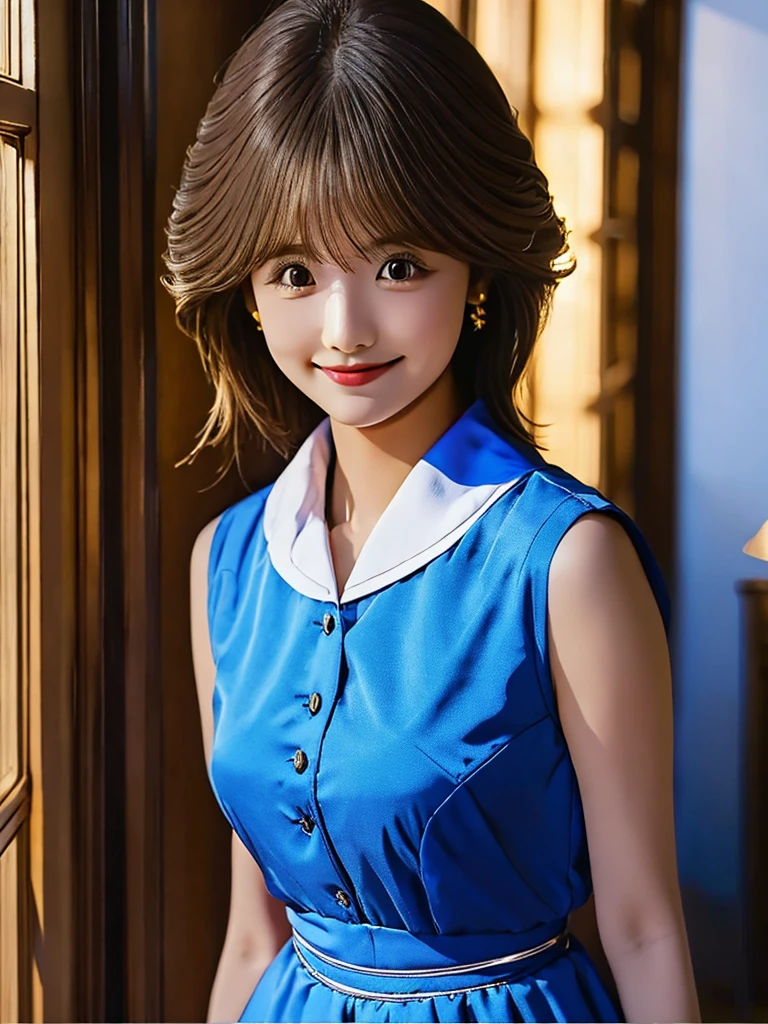 master piece,highest quality,official art,Highly detailed CG Unity 8K wallpaper,Like a ,very delicate and beautiful,ultra high resolution,(Realistic:1.4),golden hour lighting,(Upper body),(platinum short hair:0.8),(puffy eyes),looking at the viewer,Facing Front,smile,JK skirt,blue dress,shirt boosts long black hair