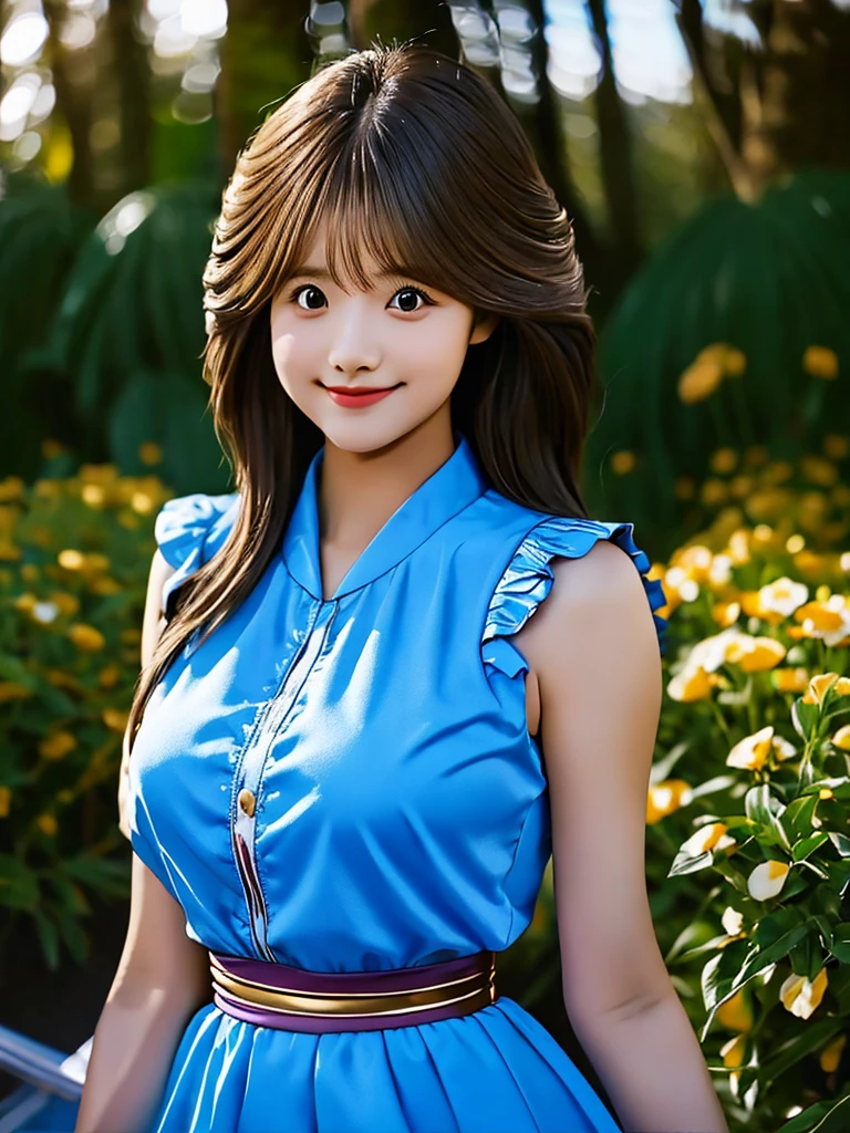 master piece,highest quality,official art,Highly detailed CG Unity 8K wallpaper,Like a ,very delicate and beautiful,ultra high resolution,(Realistic:1.4),golden hour lighting,(Upper body),(platinum short hair:0.8),(puffy eyes),looking at the viewer,Facing Front,smile,JK skirt,blue dress,shirt boosts long black hair