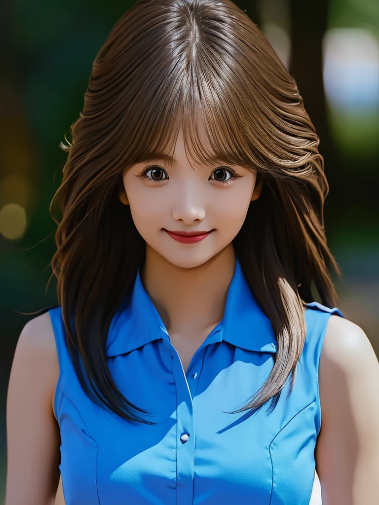master piece,highest quality,official art,Highly detailed CG Unity 8K wallpaper,Like a ,very delicate and beautiful,ultra high resolution,(Realistic:1.4),golden hour lighting,(Upper body),(platinum short hair:0.8),(puffy eyes),looking at the viewer,Facing Front,smile,JK skirt,blue dress,shirt boosts long black hair
