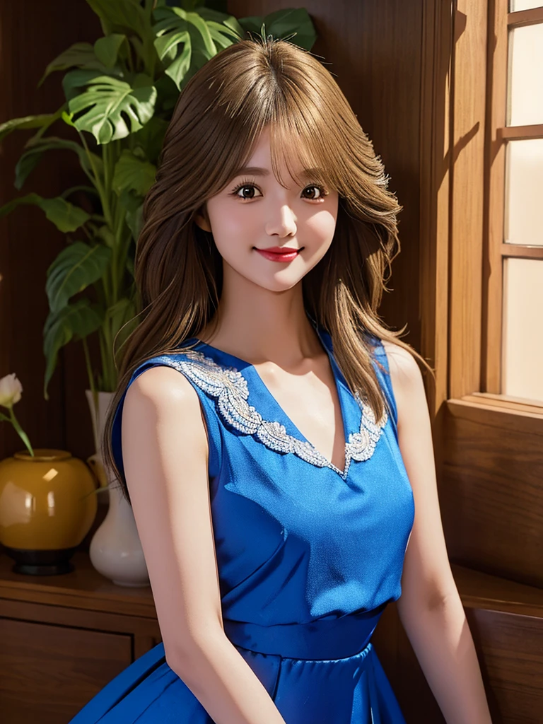 best quality,4k,8k,highres,masterpiece:1.2,ultra-detailed,realistic:1.4,golden hour lighting,upper body,platinum short hair:0.8,puffy eyes,
looking at the viewer,facing front,smile,JK skirt,blue dress,shirt boosts long black hair,official art,highly detailed CG Unity 8K wallpaper,like a ,very delicate and beautiful