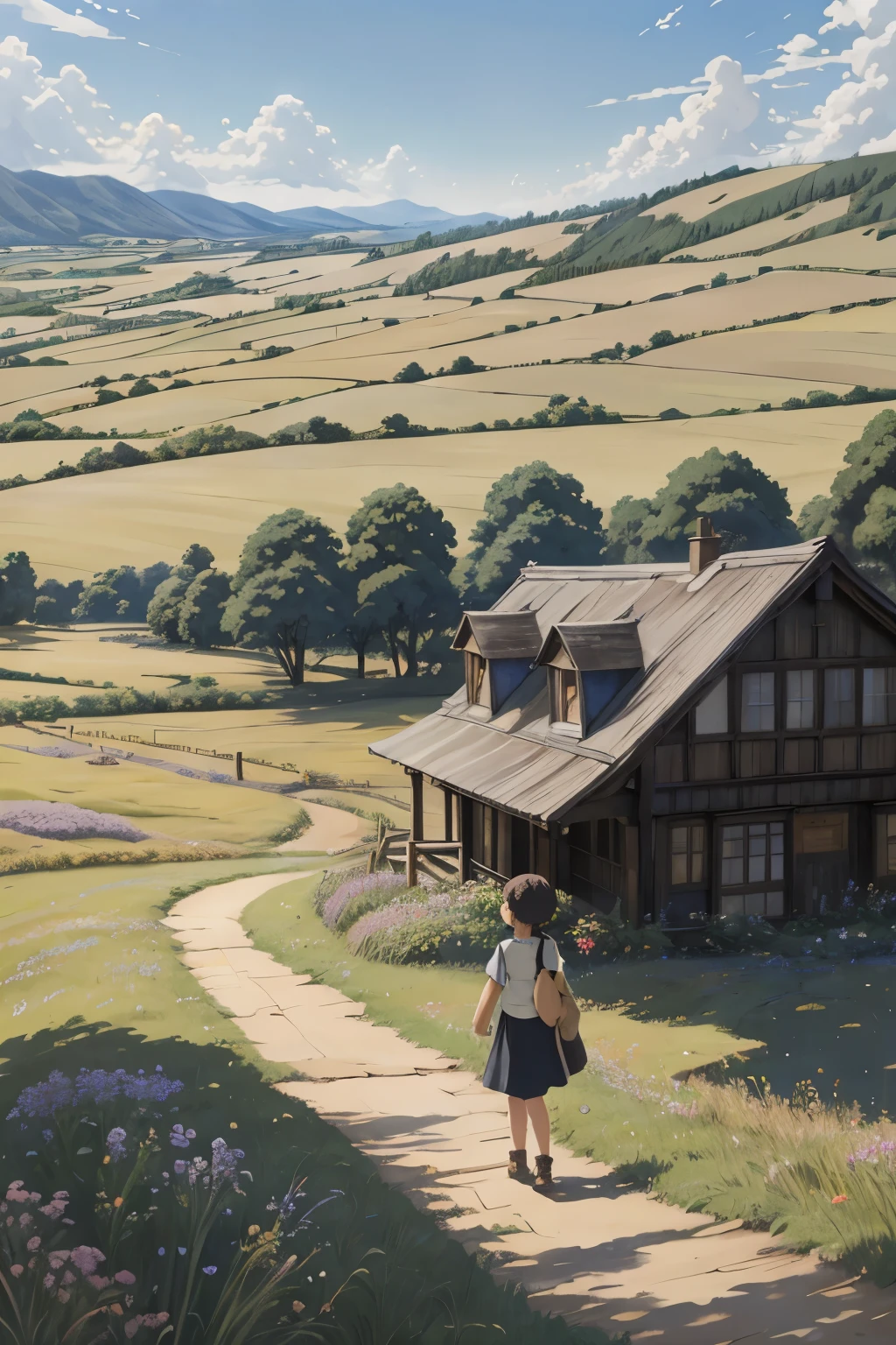 Realistic, real, beautiful and stunning landscape oil painting Studio Ghibli Hayao Miyazaki Petals Grassland Blue Sky Grassland Country Road,building, beautiful girl