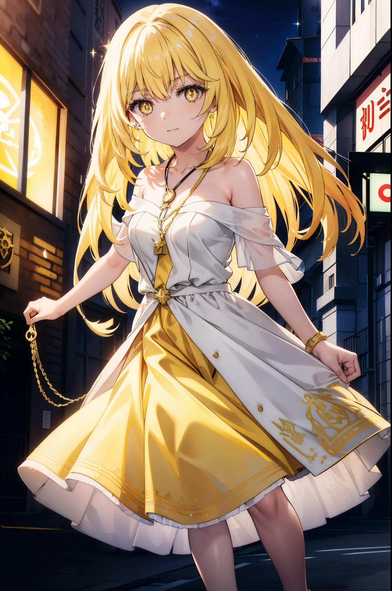 misakishokuhou, Misaki Shokuhou, Blonde, Hair between the eyes, Long Hair, (Symbol-shaped pupil:1.5), + +, (Yellow Eyes:1.5), (Medium chest:1.2),happy smile, smile, Open your mouth,Star Pendant,hair band,Yellow off-shoulder dress,Bare neck,Bare shoulders,bare clavicle,Bare arms,No sleeve,Yellow long skirt,Heeled Sandals,whole bodyがイラストに入るように,Clear skies,Daytime,True Summer,
break outdoor, Building district,
break looking at viewer, whole body,
break (masterpiece:1.2), highest quality, High resolution, unity 8k wallpaper, (figure:0.8), (Beautiful fine details:1.6), Highly detailed face, Perfect lighting, Highly detailed CG, (Perfect hands, Perfect Anatomy),