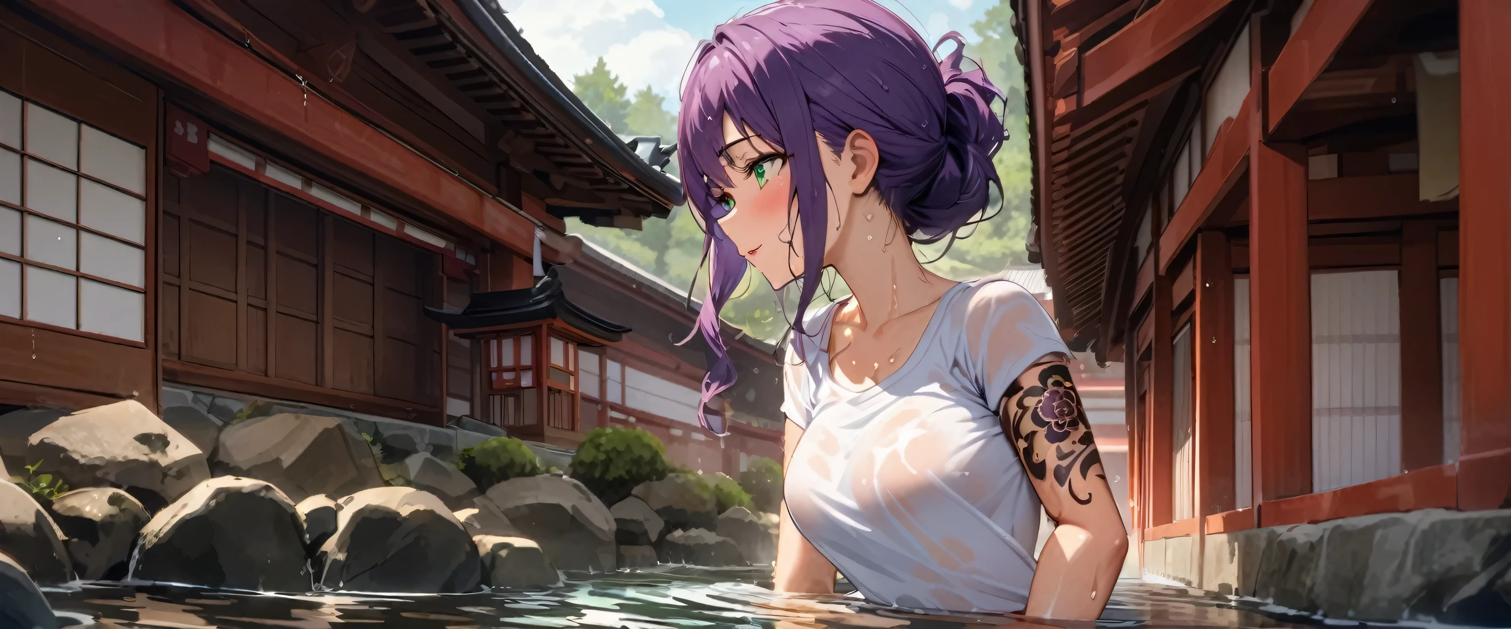 one arafed woman with purple hair and green eyes, japanese tattoo sleeve on her right arm, wet t-shirt, sfw, japanese temple