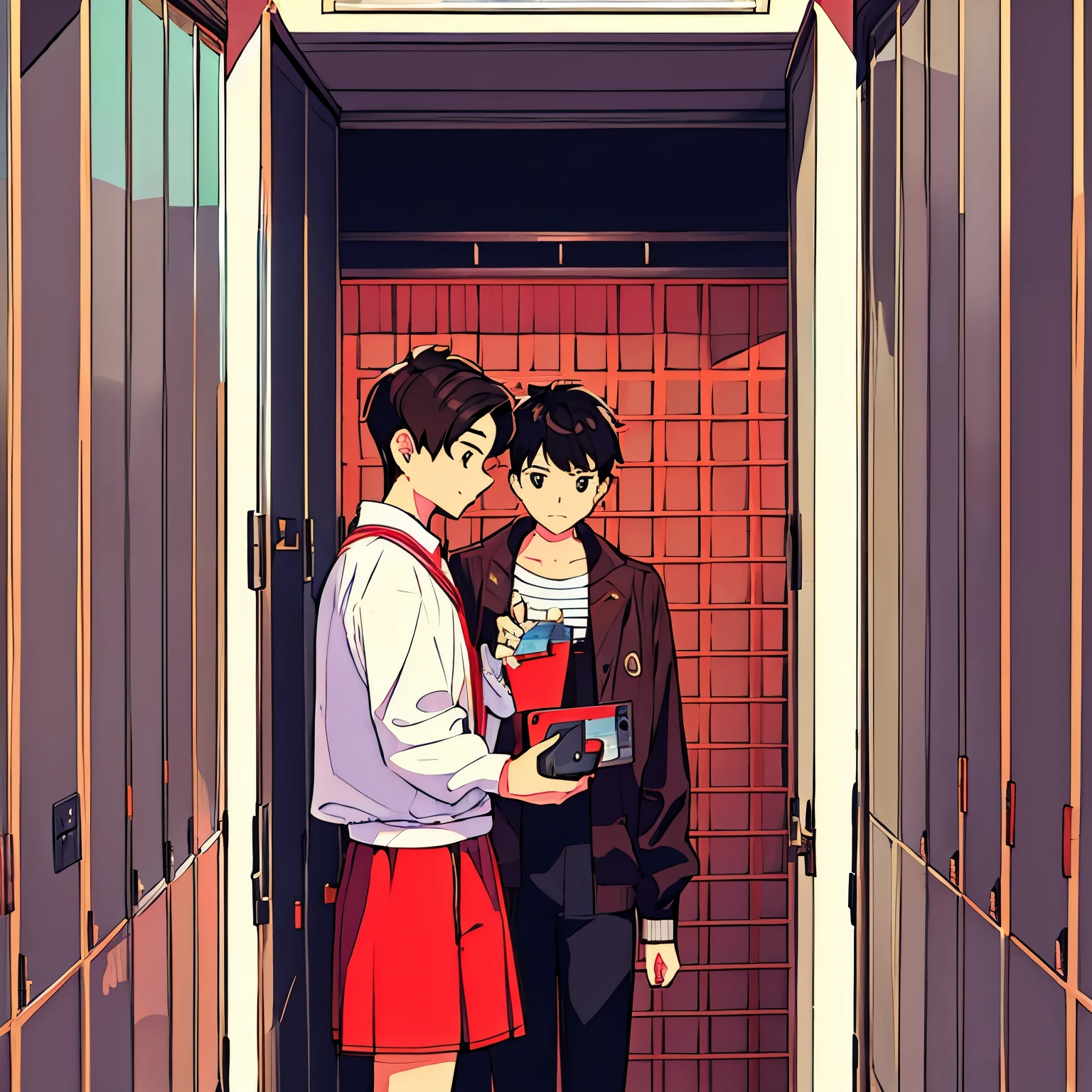 "This image shows a young boy taking a selfie in a mirror. The Young teenage holding a red smartphone with a camera cutout, They have short, Dark Brown wavy hair and are wearing a two-tone jacket with a high collar, featuring dark and light colors. The background suggests they are in a locker room, as there are rows of lockers with perforated doors, a bench, and a tiled wall above the lockers."
