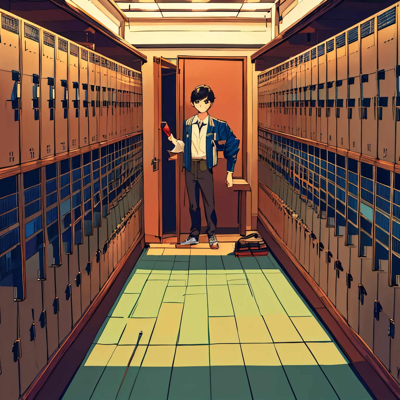 "This image shows a young  boy taking a selfie in a mirror. The Young teenage holding a red smartphone with a camera cutout, They have short, Dark Brown wavy hair and are wearing a two-tone jacket with a high collar, featuring dark and light colors. The background suggests they are in a locker room, as there are rows of lockers with perforated doors, a bench, and a tiled wall above the lockers."