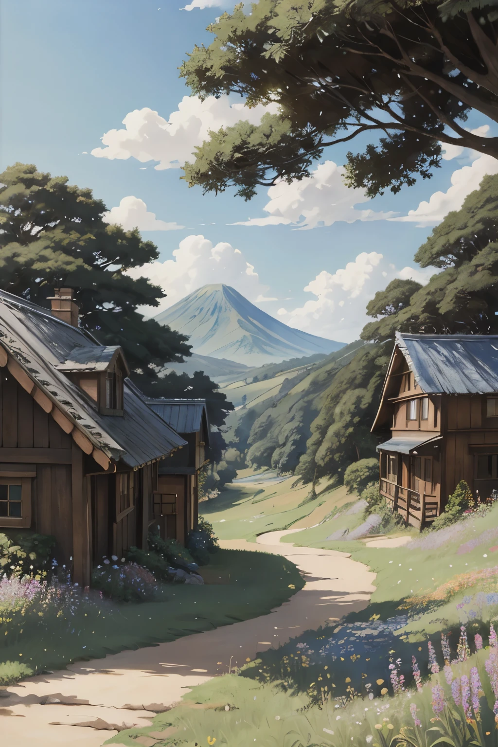 Realistic, real, beautiful and stunning landscape oil painting Studio Ghibli Hayao Miyazaki Petals Grassland Blue Sky Grassland Country Road,building, beautiful girl