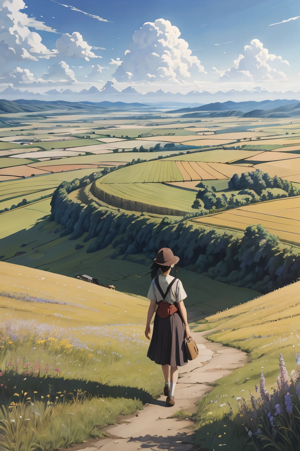 Realistic, real, beautiful and stunning landscape oil painting Studio Ghibli Hayao Miyazaki Petals Grassland Blue Sky Grassland Country Road,building, beautiful girl