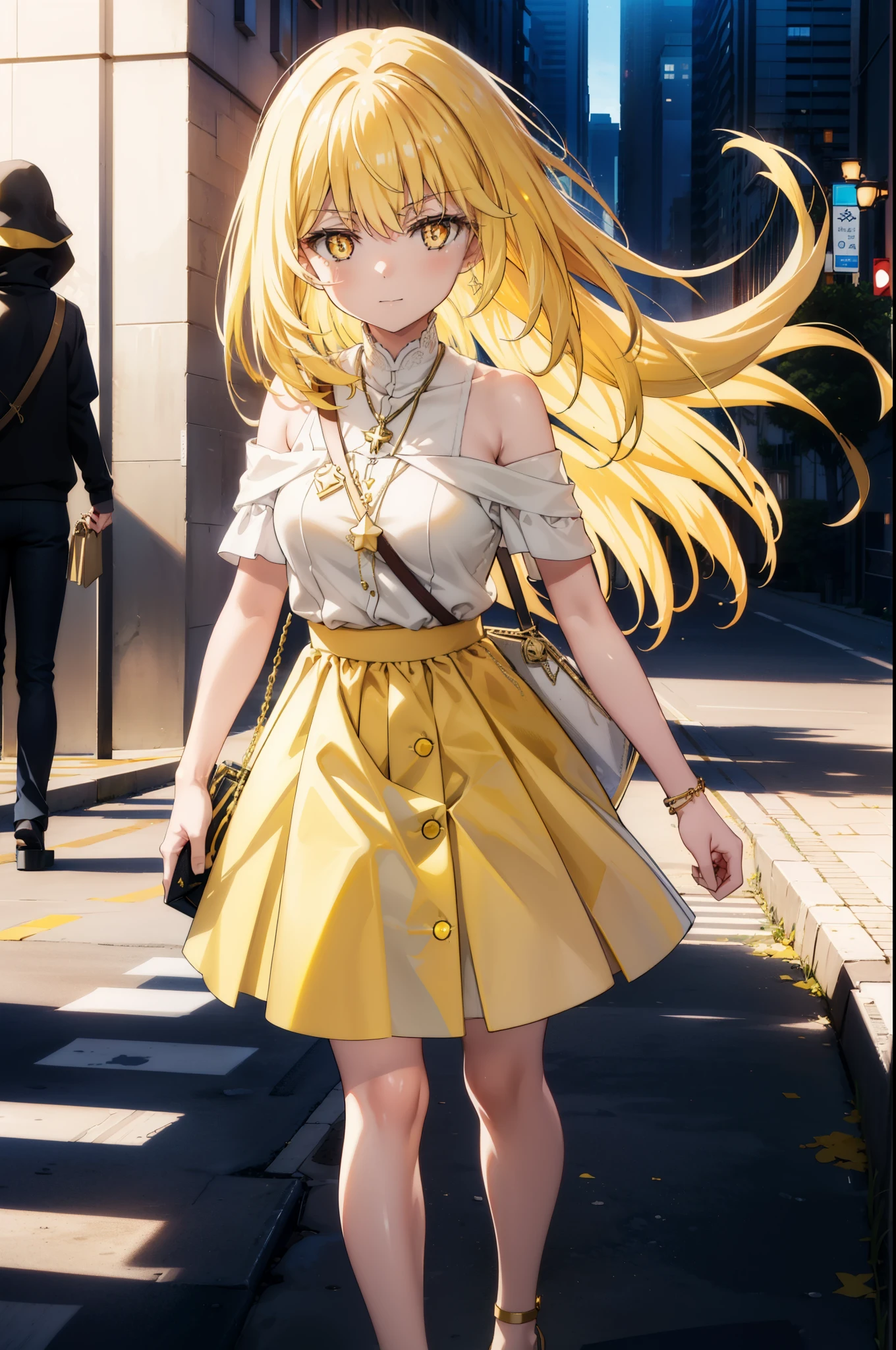 misakishokuhou, Misaki Shokuhou, Blonde, Hair between the eyes, Long Hair, (Symbol-shaped pupil:1.5), + +, (Yellow Eyes:1.5), (Medium chest:1.2),happy smile, smile, Open your mouth,Star Pendant,hair band,Yellow off-shoulder dress,Bare neck,Bare shoulders,bare clavicle,Bare arms,No sleeve,Yellow long skirt,Heeled Sandals,whole bodyがイラストに入るように,Clear skies,Daytime,True Summer,
break outdoor, Building district,
break looking at viewer, whole body,
break (masterpiece:1.2), highest quality, High resolution, unity 8k wallpaper, (figure:0.8), (Beautiful fine details:1.6), Highly detailed face, Perfect lighting, Highly detailed CG, (Perfect hands, Perfect Anatomy),